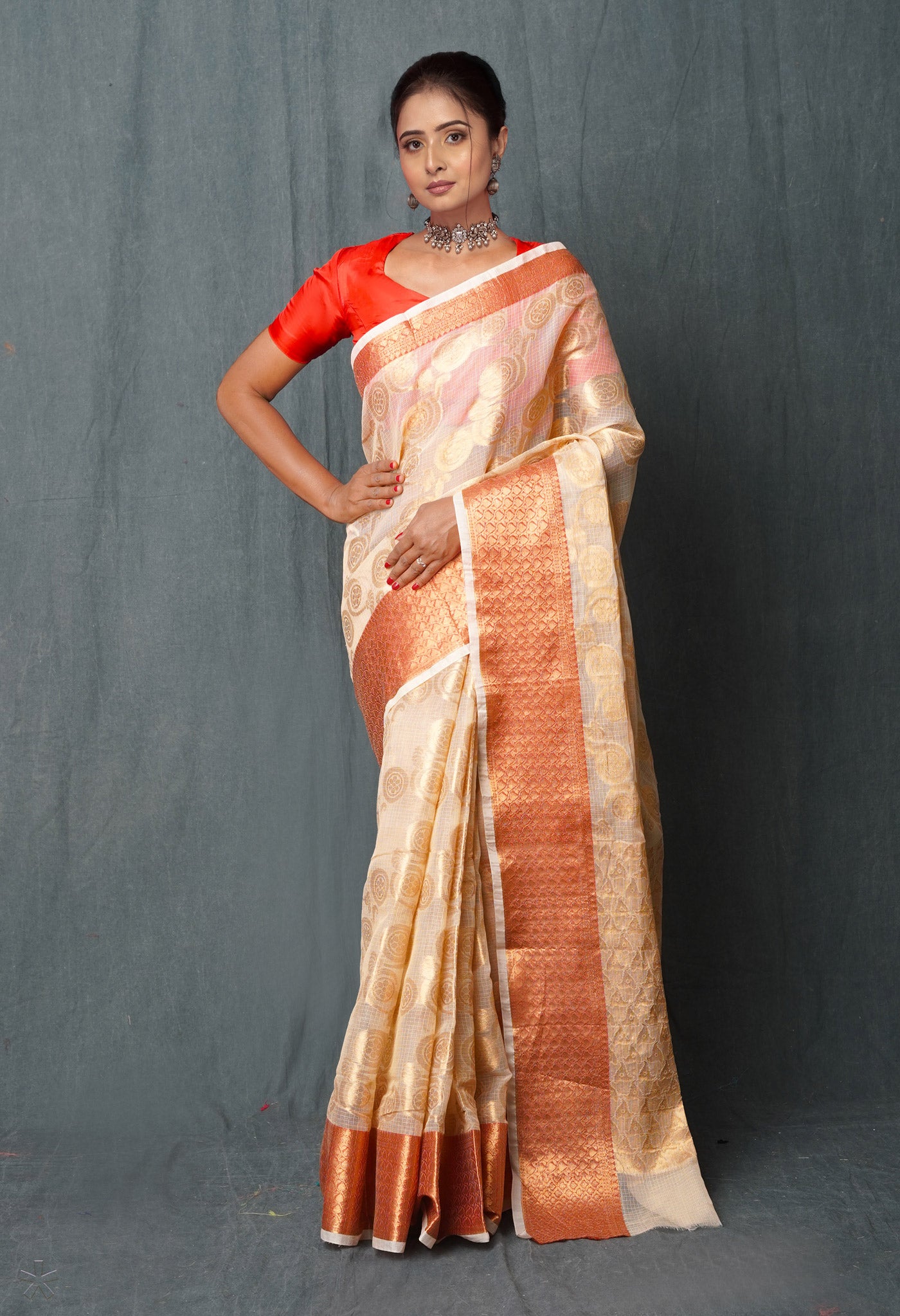 Off White Pure Banarasi Kota Cotton Saree