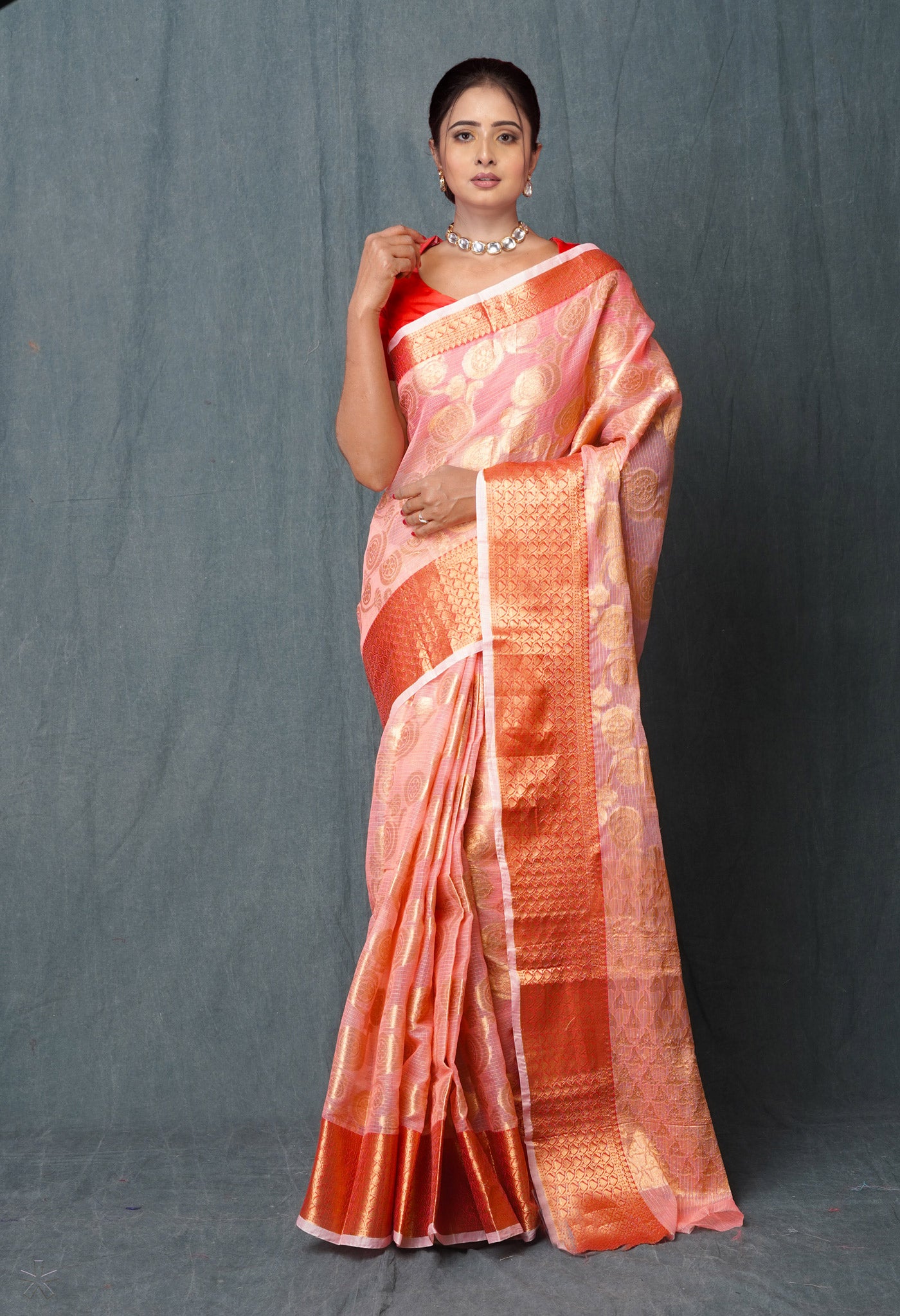 Peach Pink Pure Banarasi Kota Cotton Saree