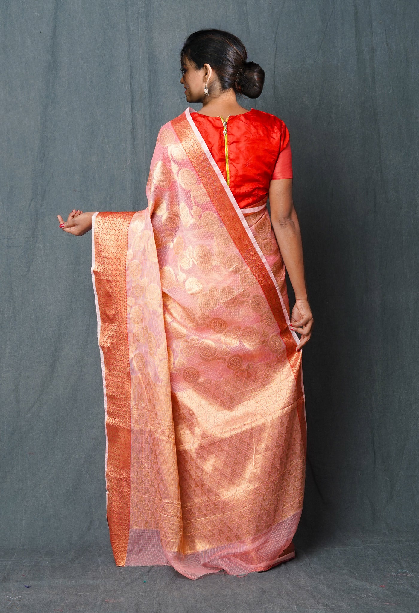 Peach Pink Pure Banarasi Kota Cotton Saree