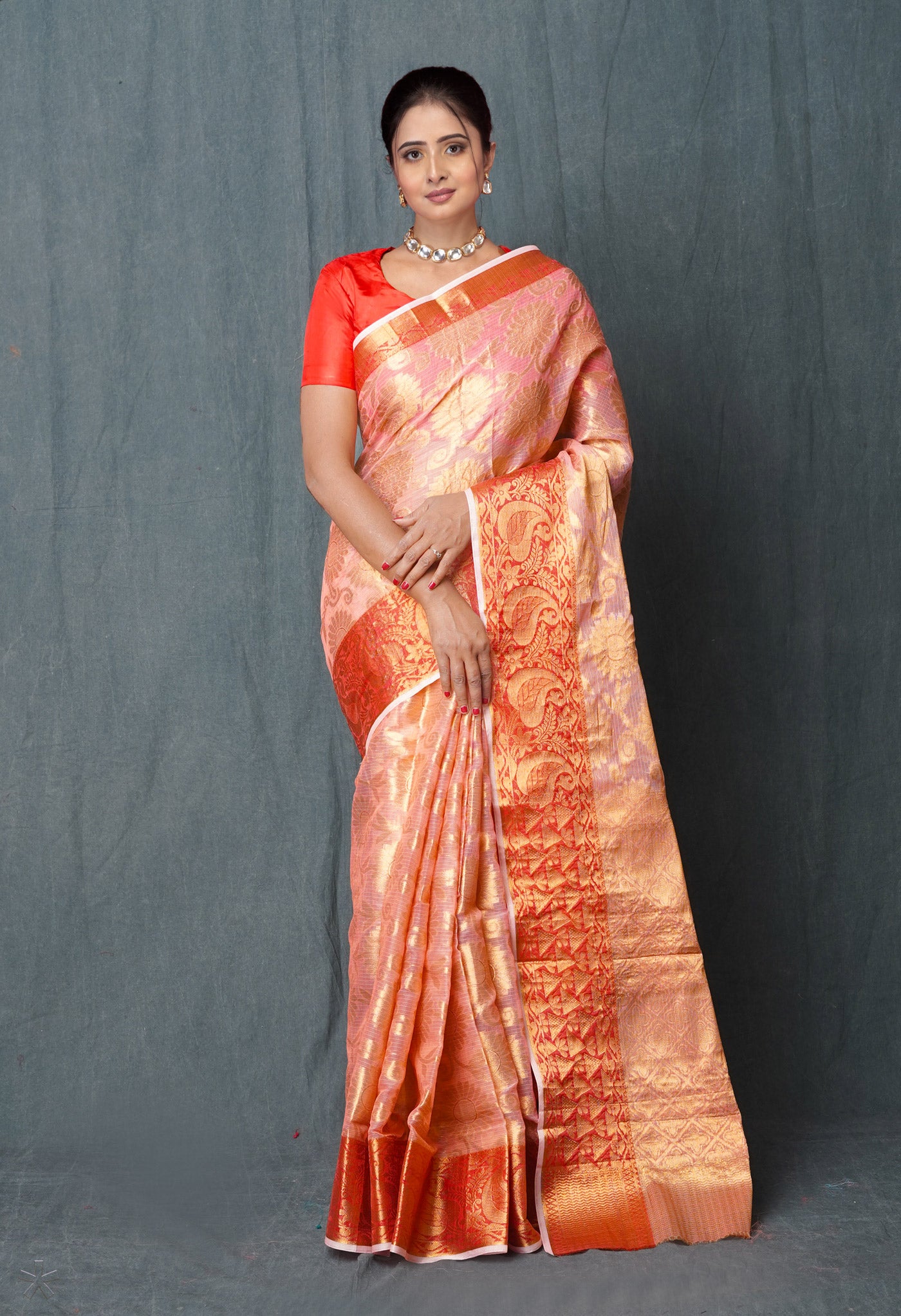 Peach Pink Pure Banarasi Kota Cotton Saree