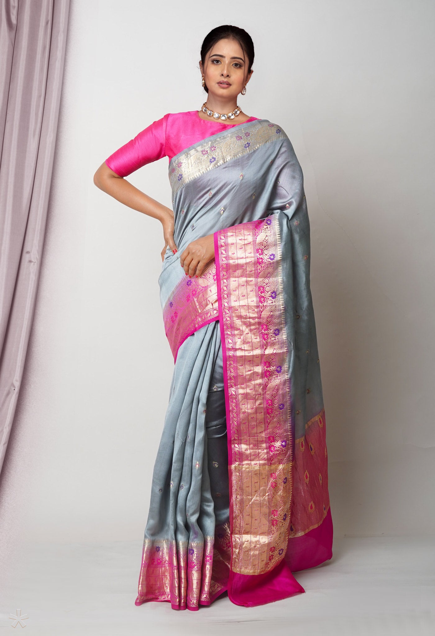 Grey Pure Dyed Banarasi Chiniya Silk Saree-UNM75005