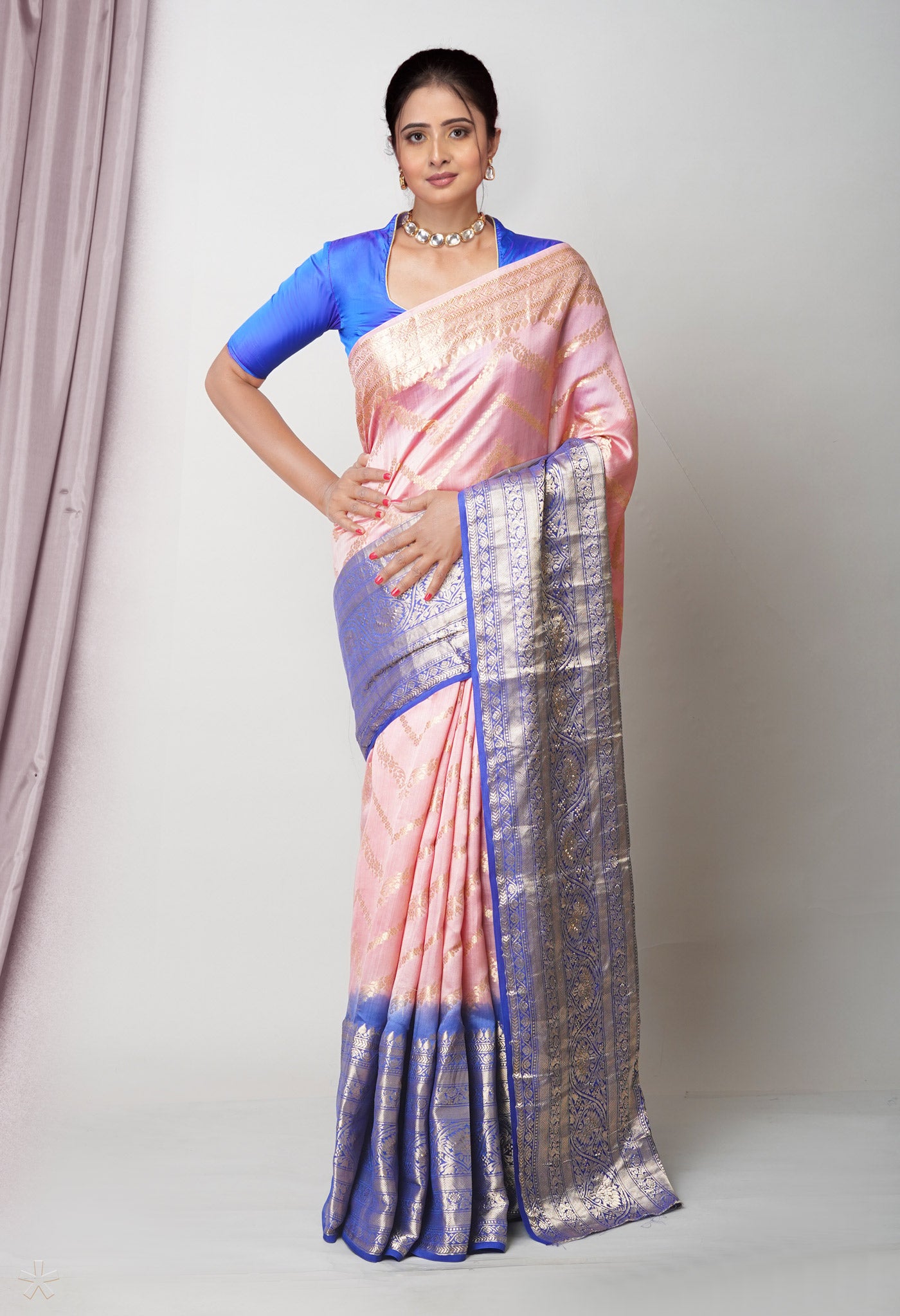Peach Pink Pure Dyed Banarasi Chiniya Silk Saree-UNM75014