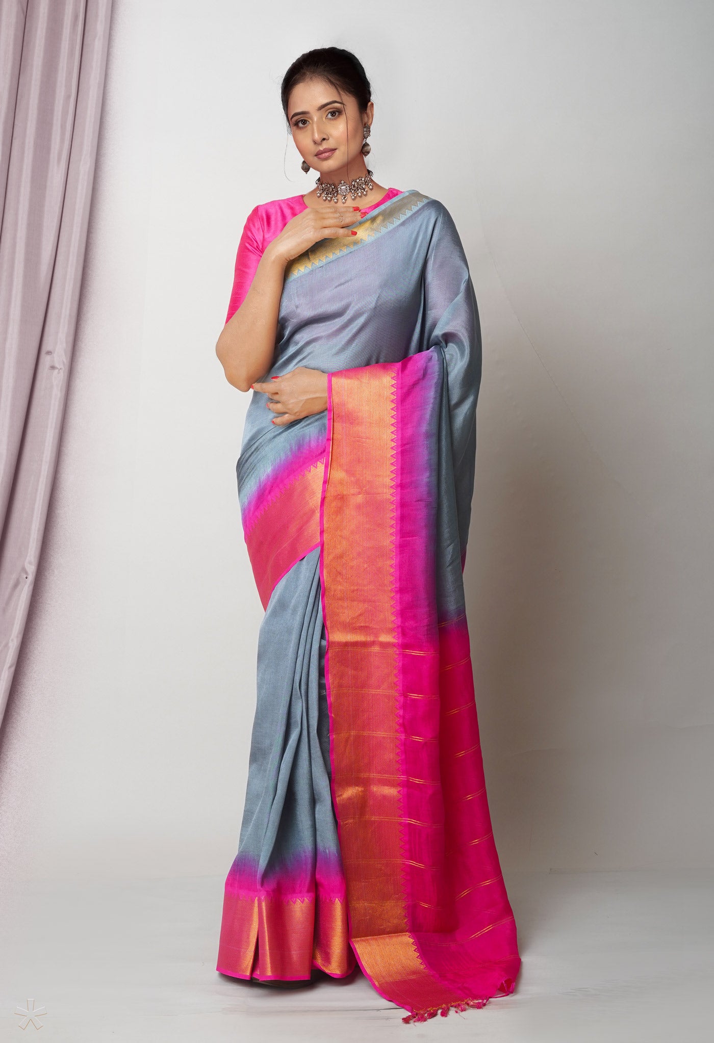 Grey Plain Dyed Mangalgiri With Zari Brocade Soft Silk Saree-UNM75022