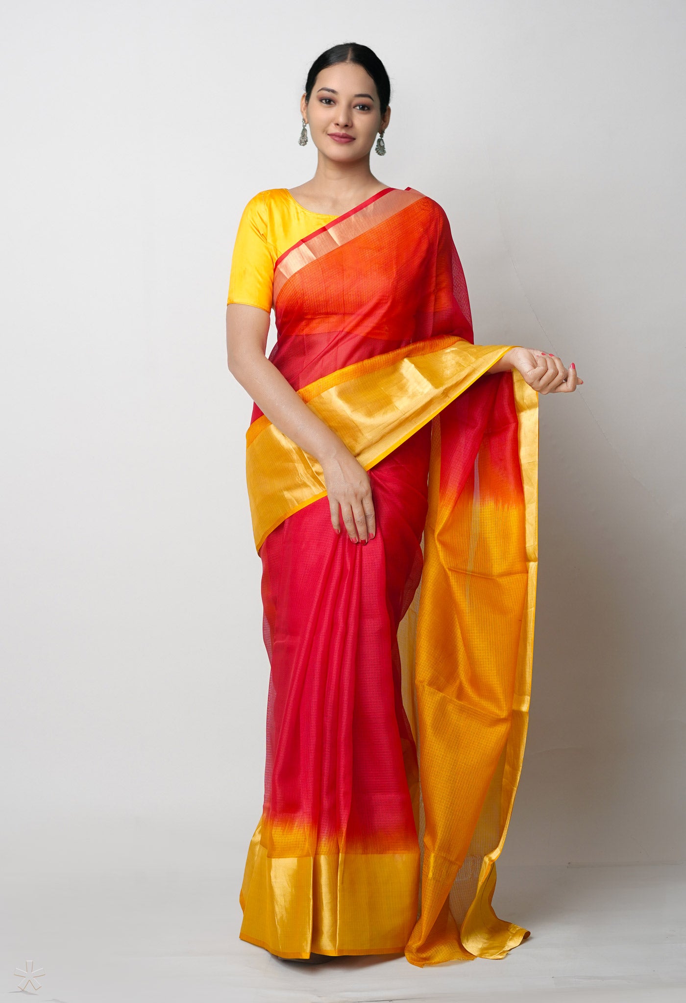 Red-Mustard Yellow Pure Dyed Kota Silk Saree-UNM75033