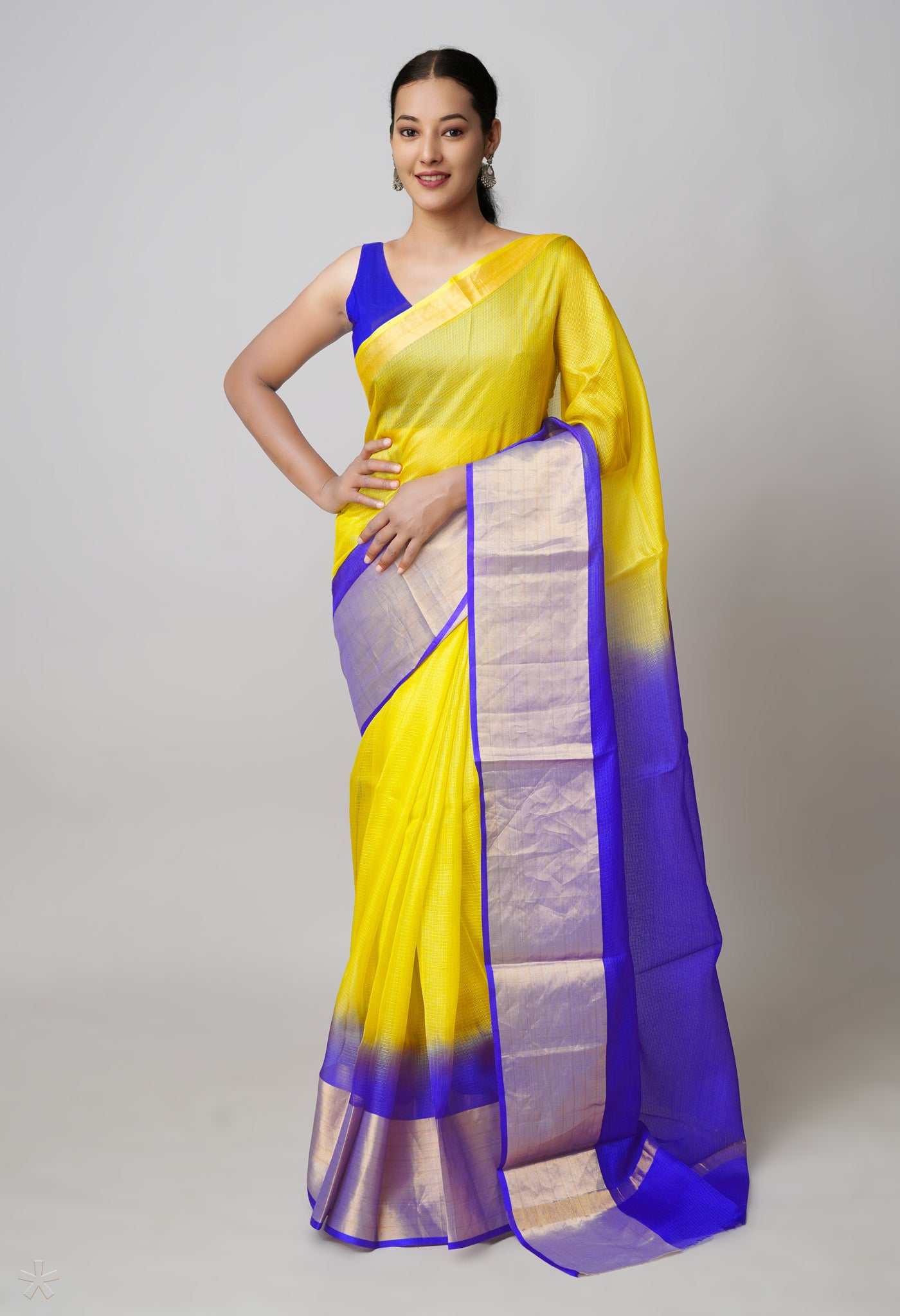 Yellow-Dark Blue Pure Dyed Kota Silk Saree