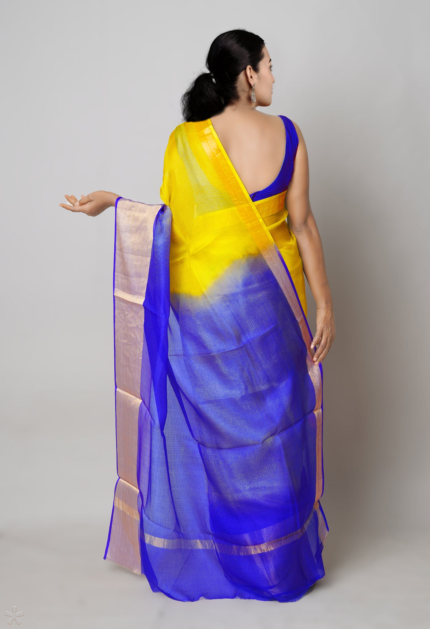 Yellow-Dark Blue Pure Dyed Kota Silk Saree