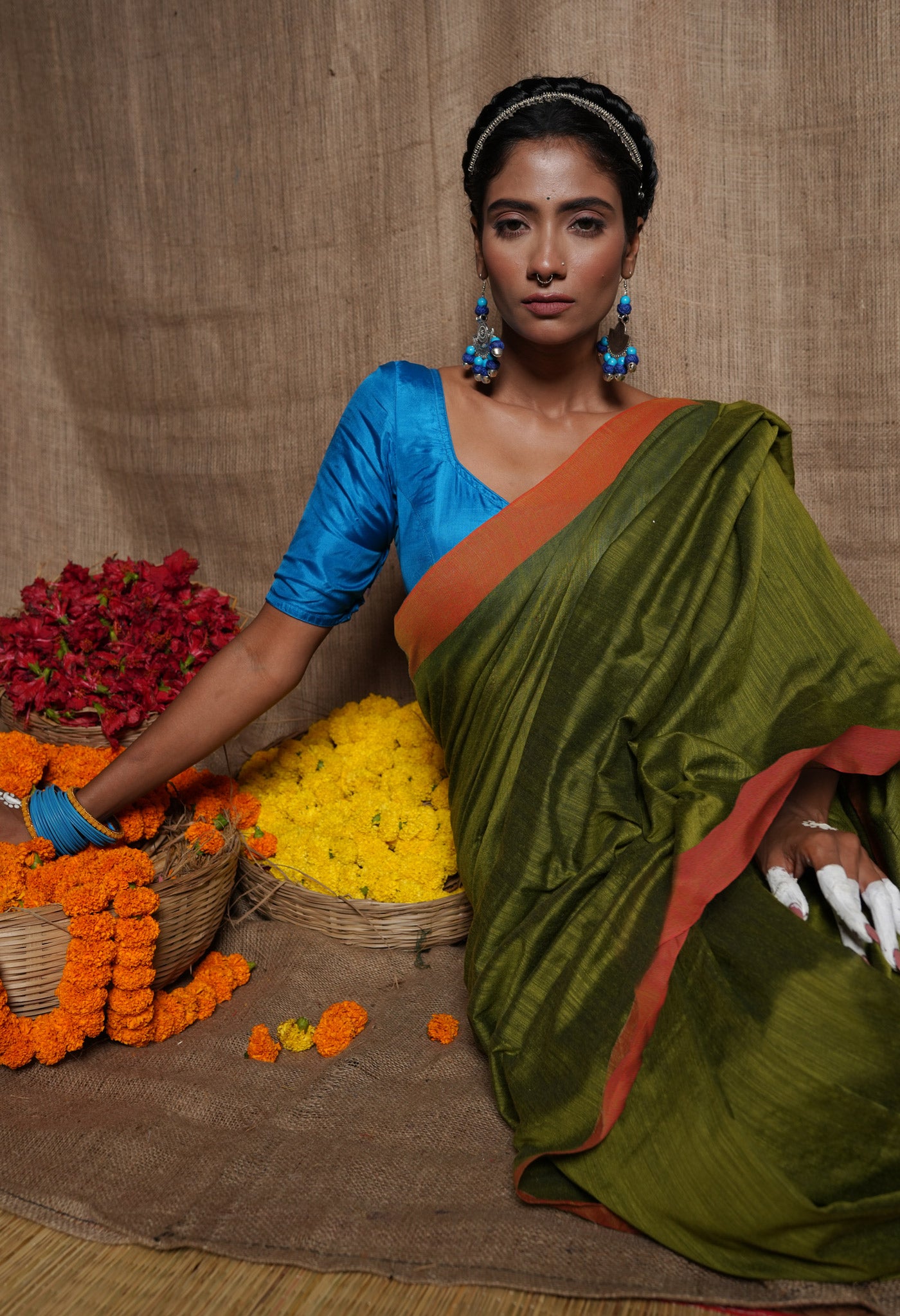 Green Pure Plain Cotton Linen Saree