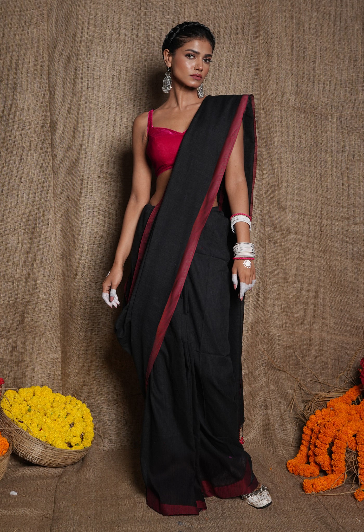 Black Pure Plain Cotton Linen Saree