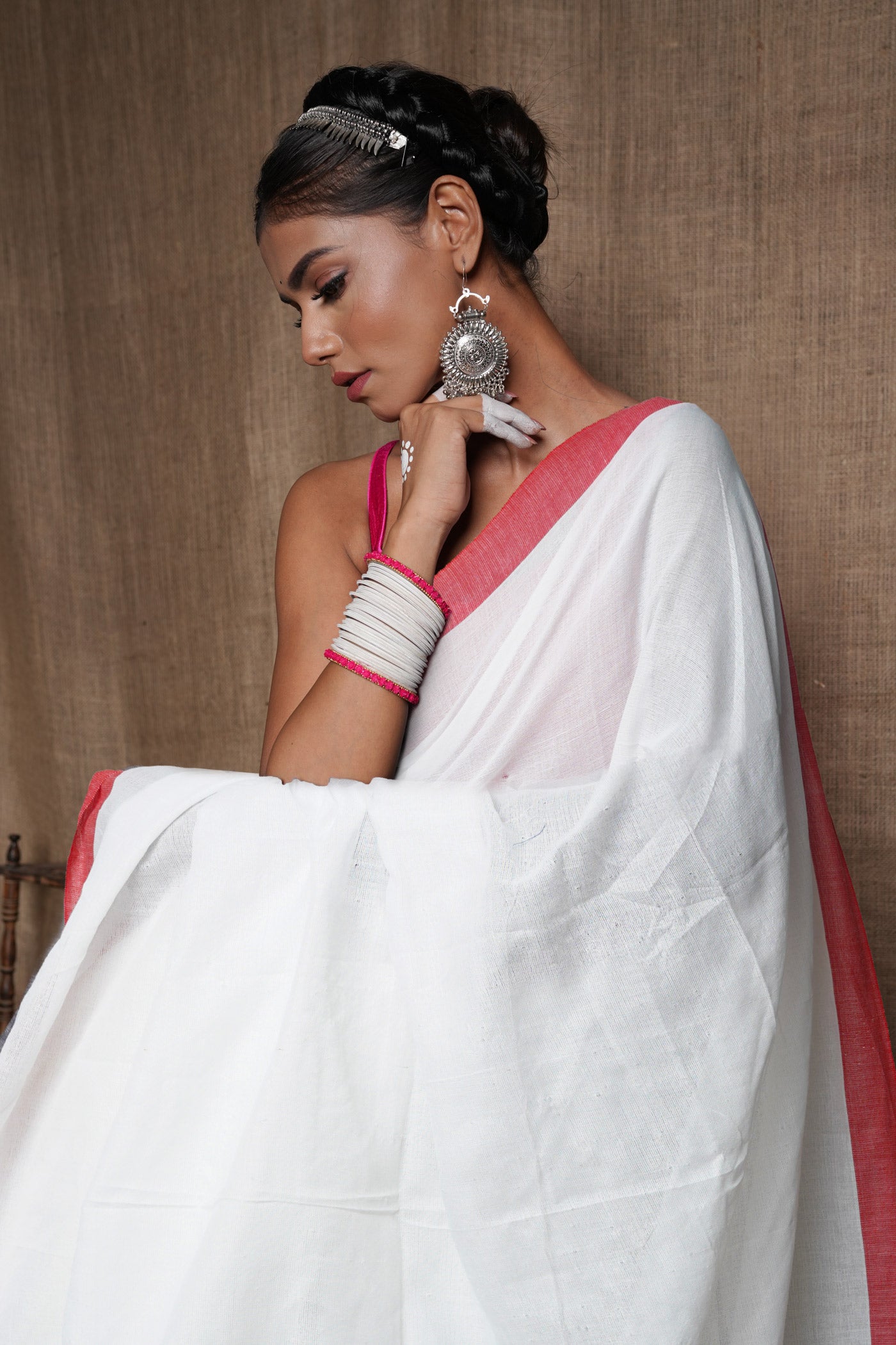 White Pure Plain Cotton Linen Saree