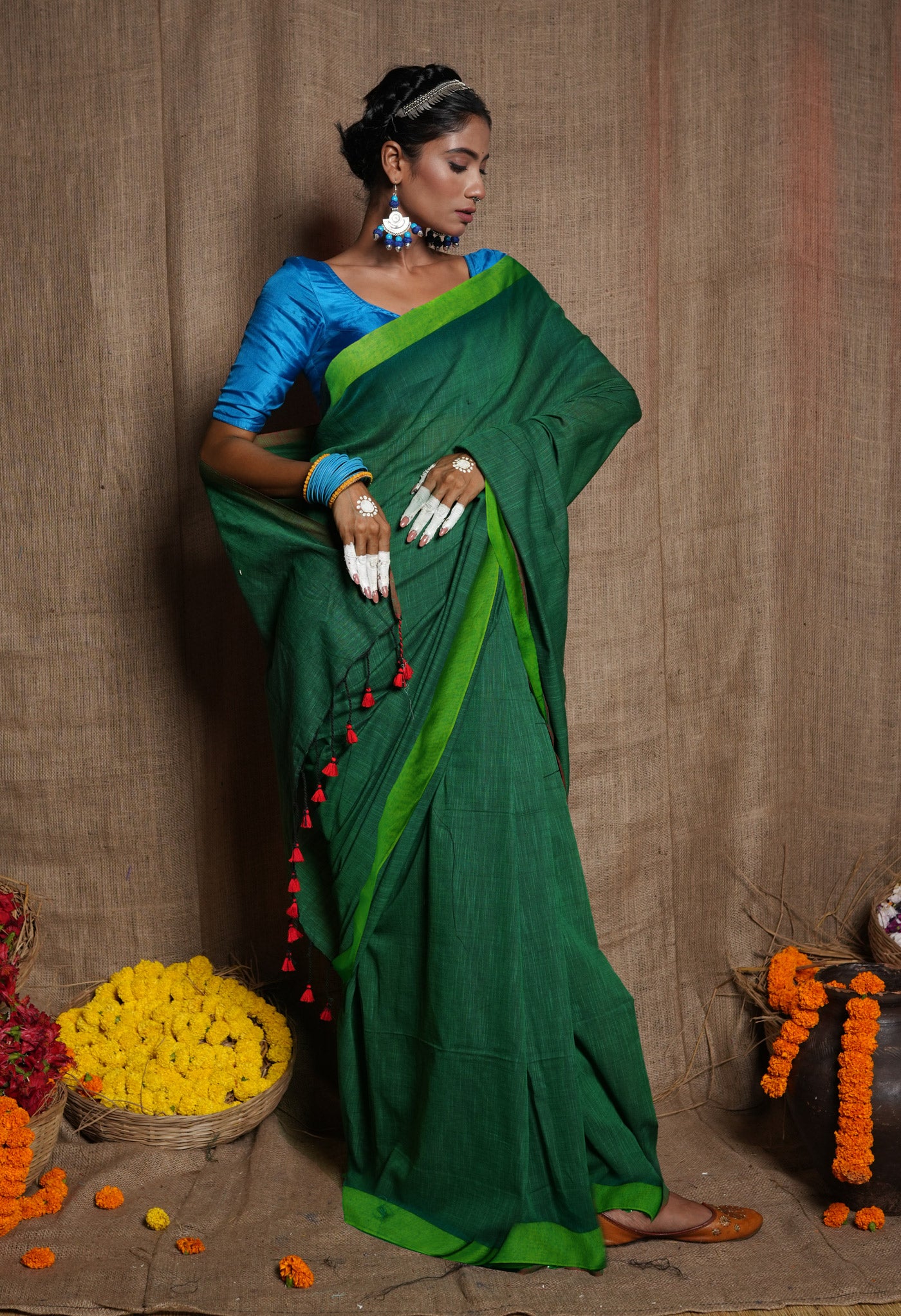 Green Pure Plain Cotton Linen Saree