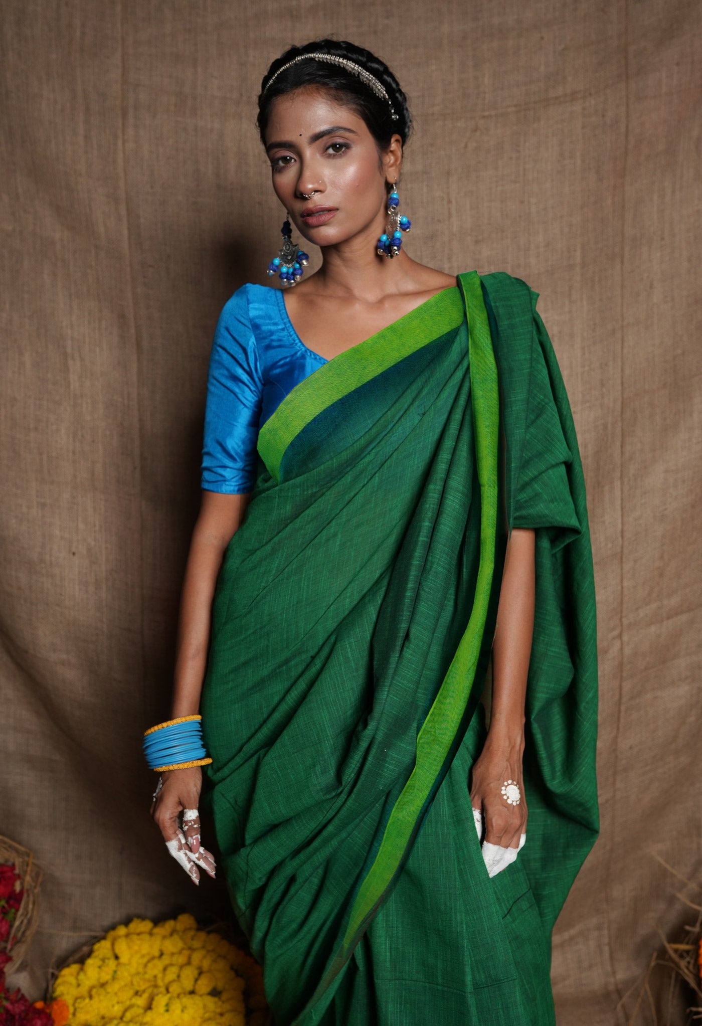 Green Pure Plain Cotton Linen Saree