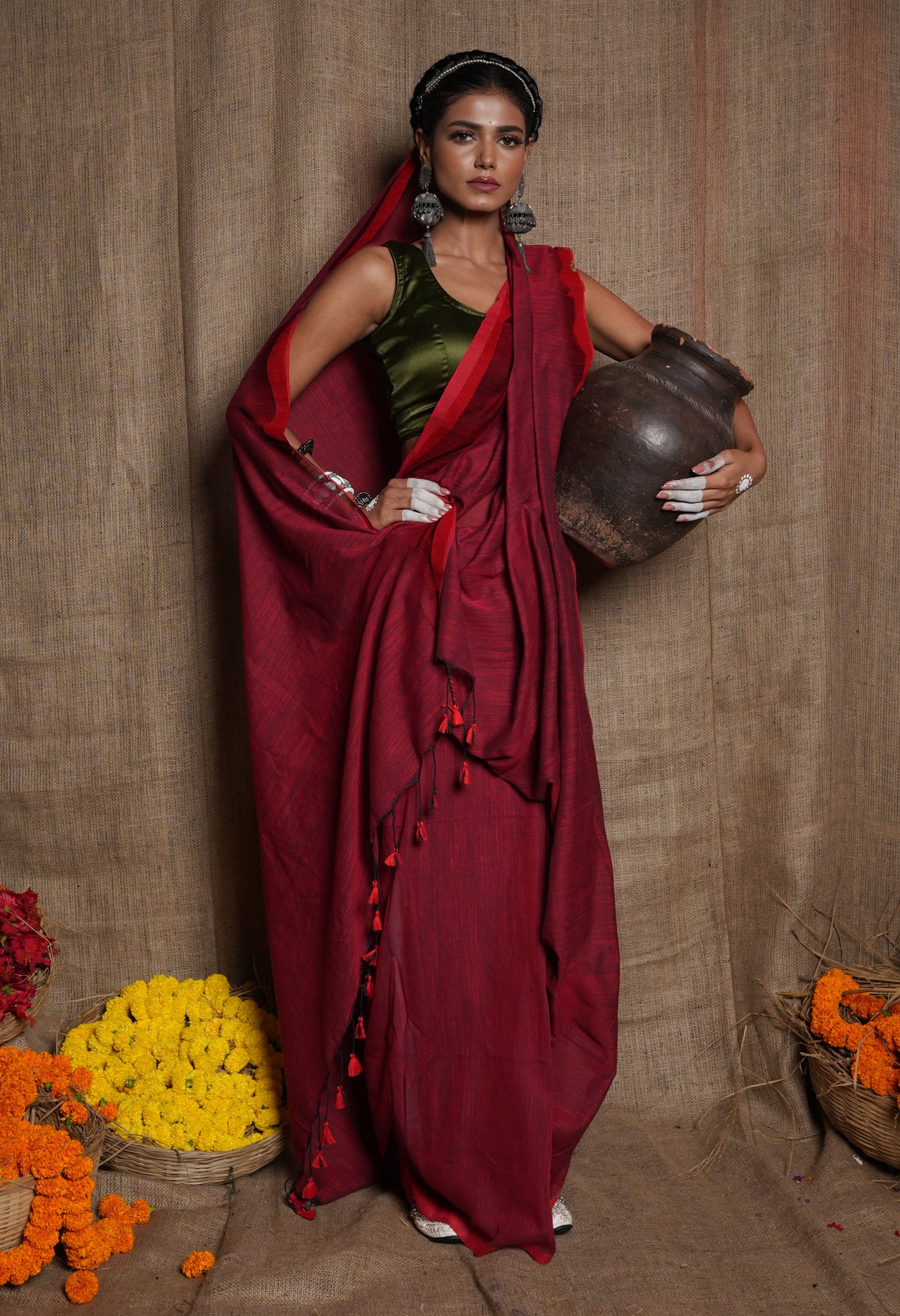 Maroon Pure Plain Cotton Linen Saree