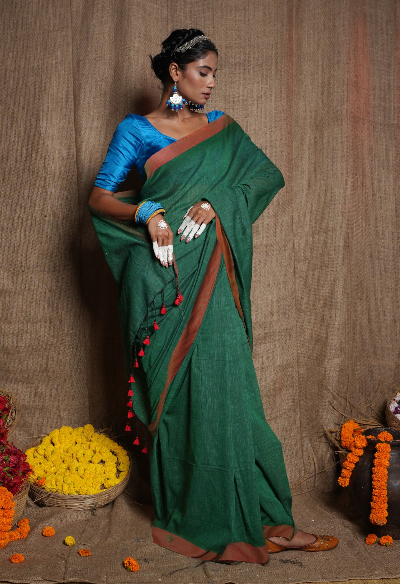 Green Pure Plain Cotton Linen Saree