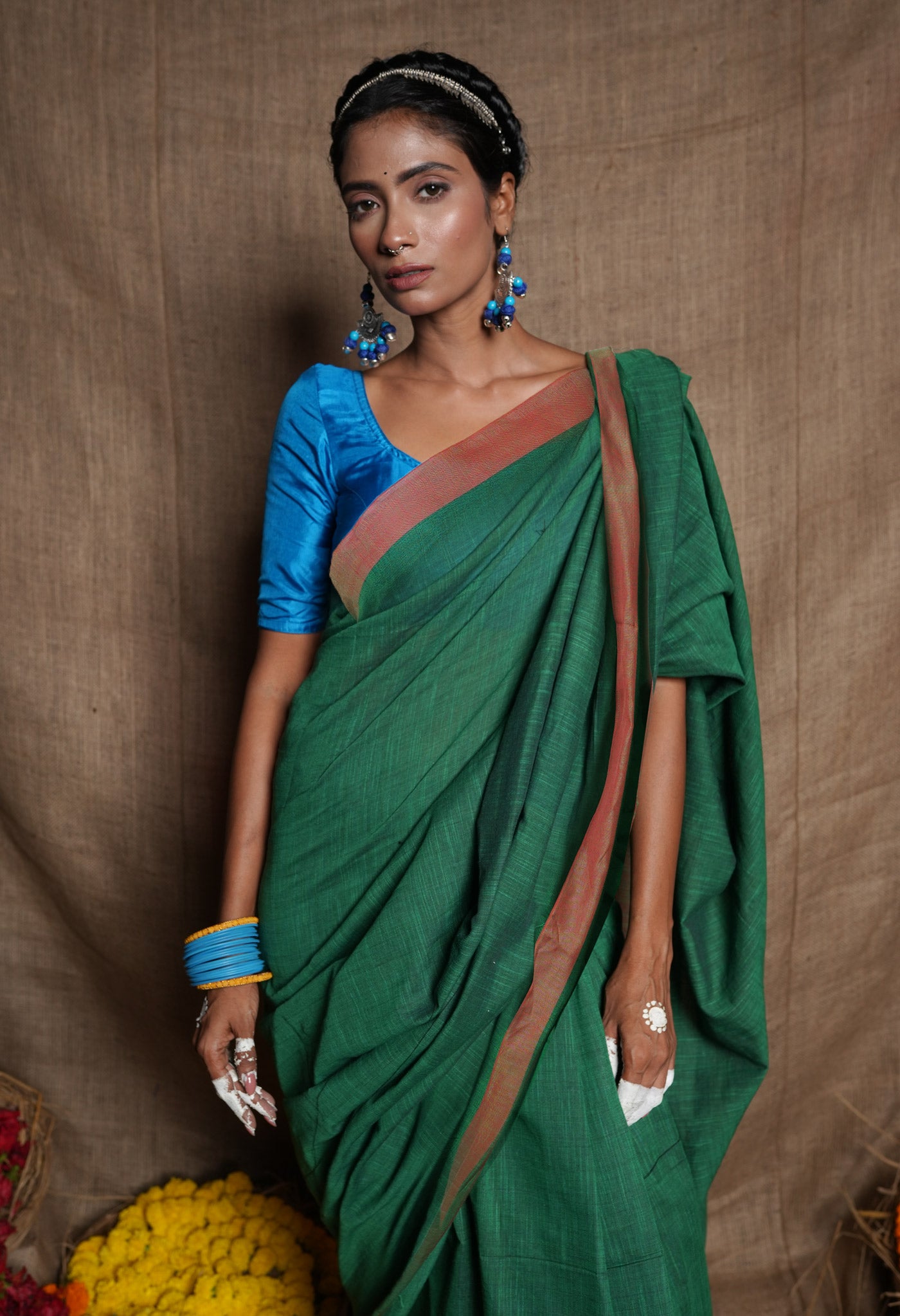 Green Pure Plain Cotton Linen Saree