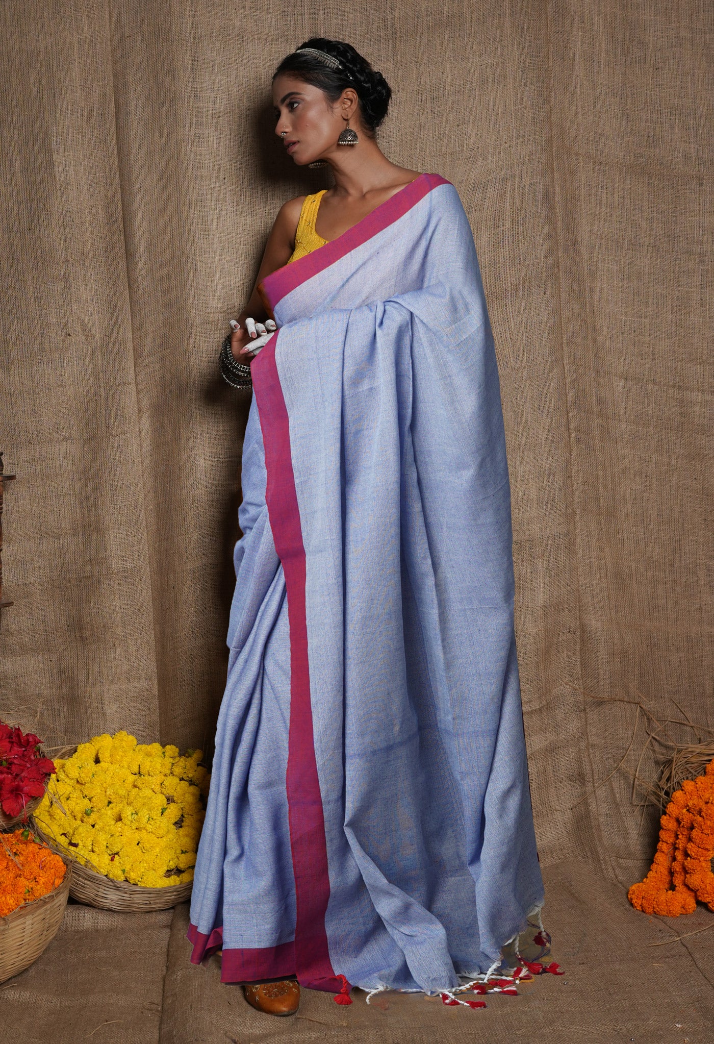 Blue Pure Plain Cotton Linen Saree