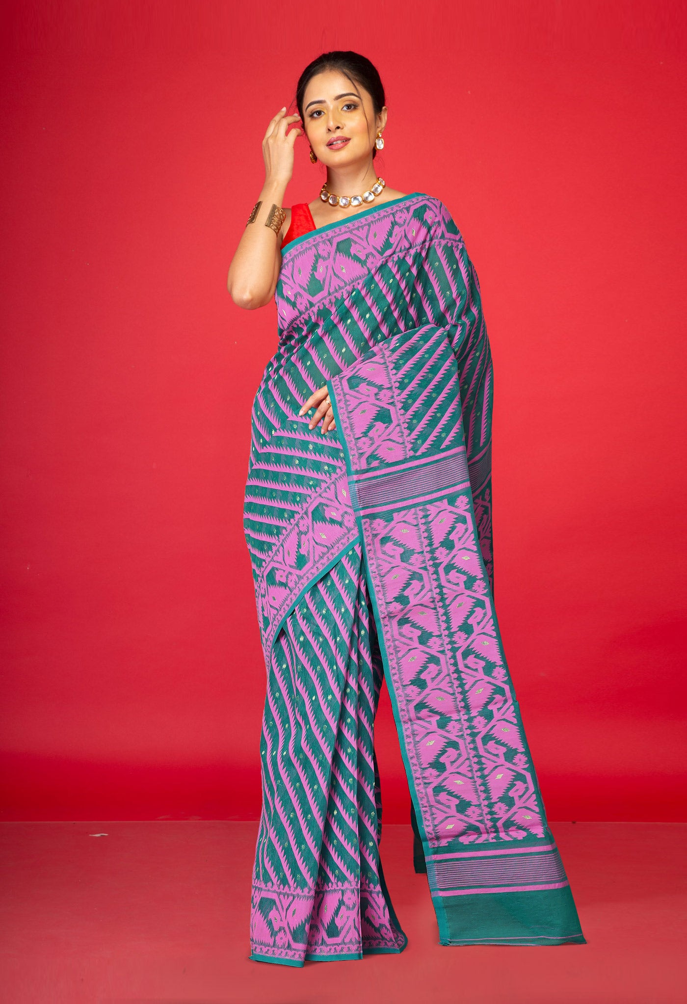 Green Pure Jamdhani Bengal Cotton Saree-UNM75201