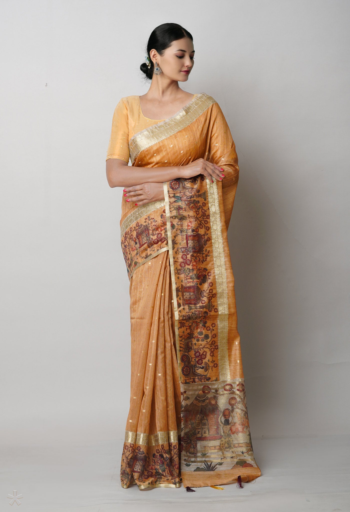 Honey Yellow Dupion Digital Printed Banarasi Silk Saree-UNM75221