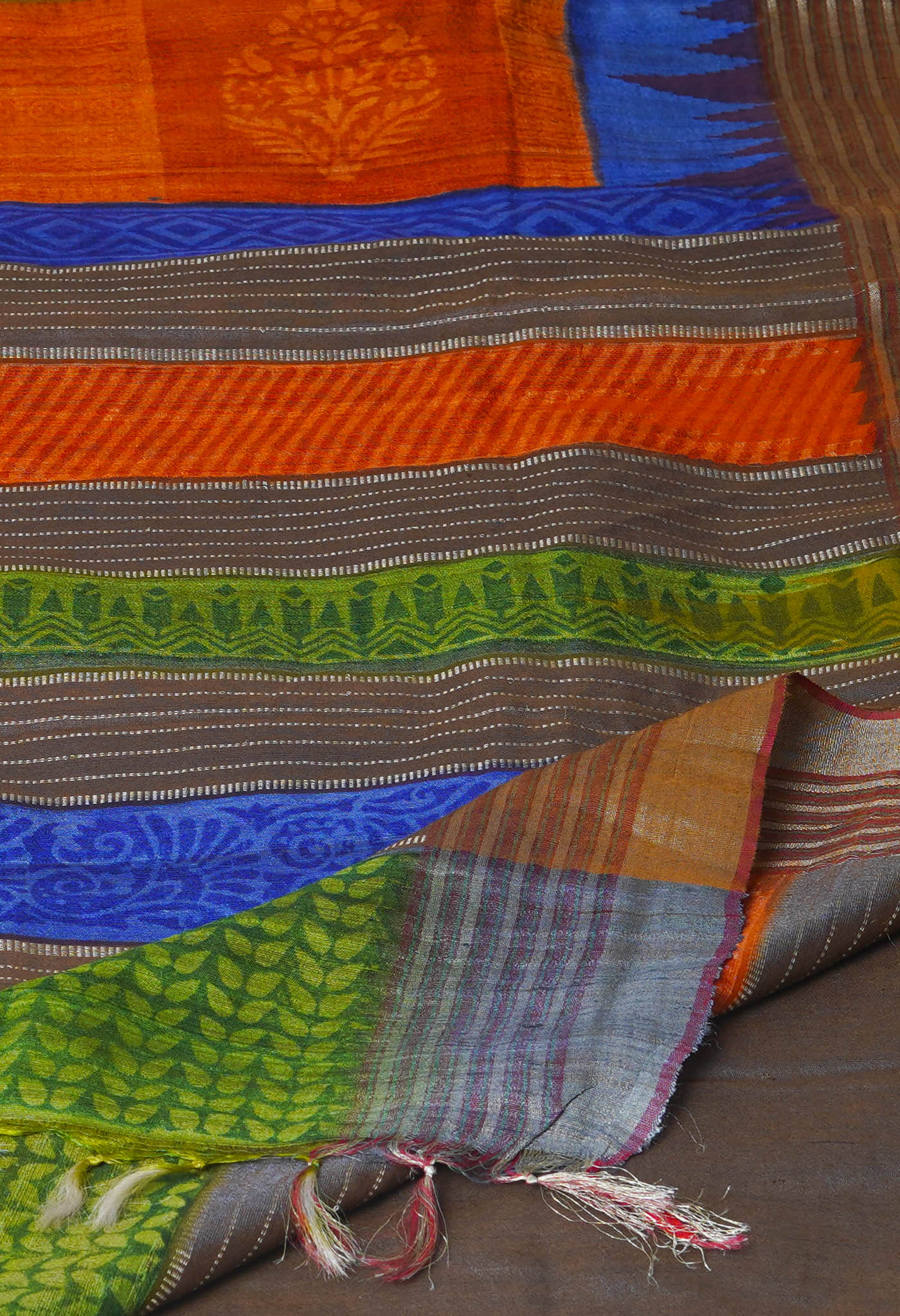 Olive Green Pure Handloom Printed Vidarbha Tussar Silk Saree-UNM75237