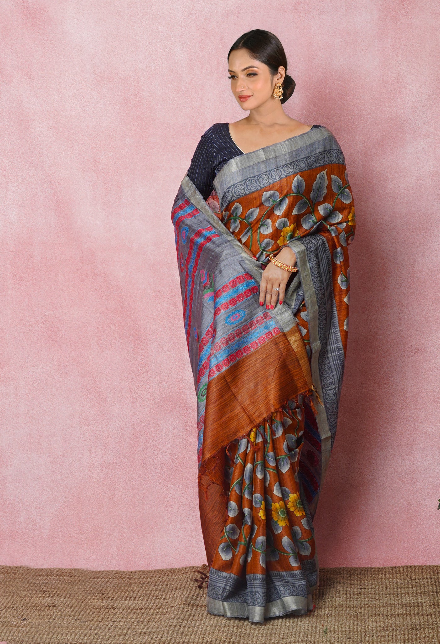 Brown Pure Handloom Printed Vidarbha Tussar Silk Saree