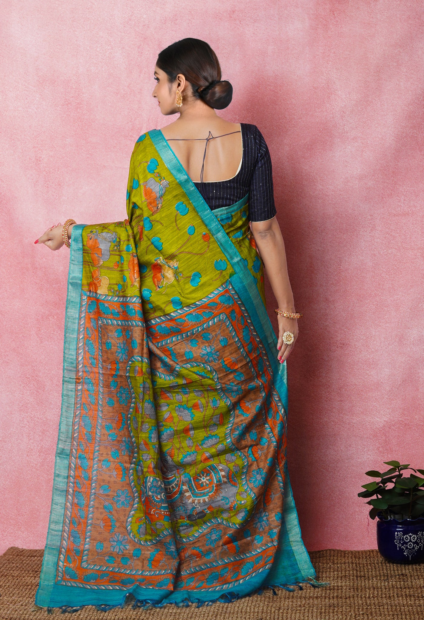 Olive Green Pure Handloom Printed Vidarbha Tussar Silk Saree