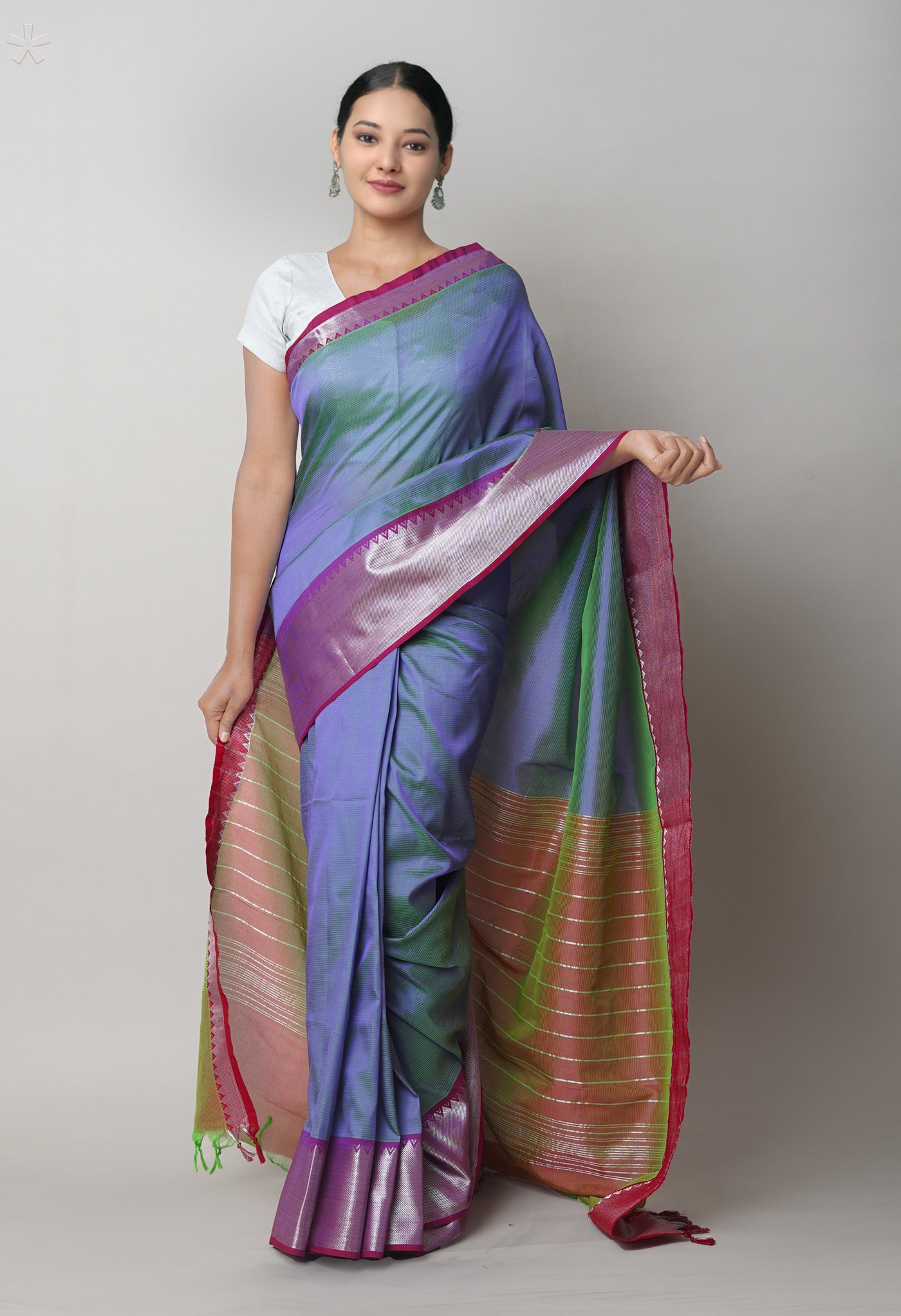 Bluish Green-Maroon Pure Handloom Mangalgiri Silk Saree-UNM75261