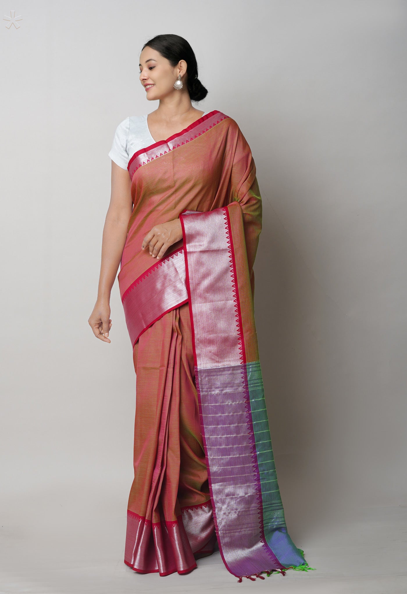 Green-Maroon Pure Handloom Mangalgiri Silk Saree