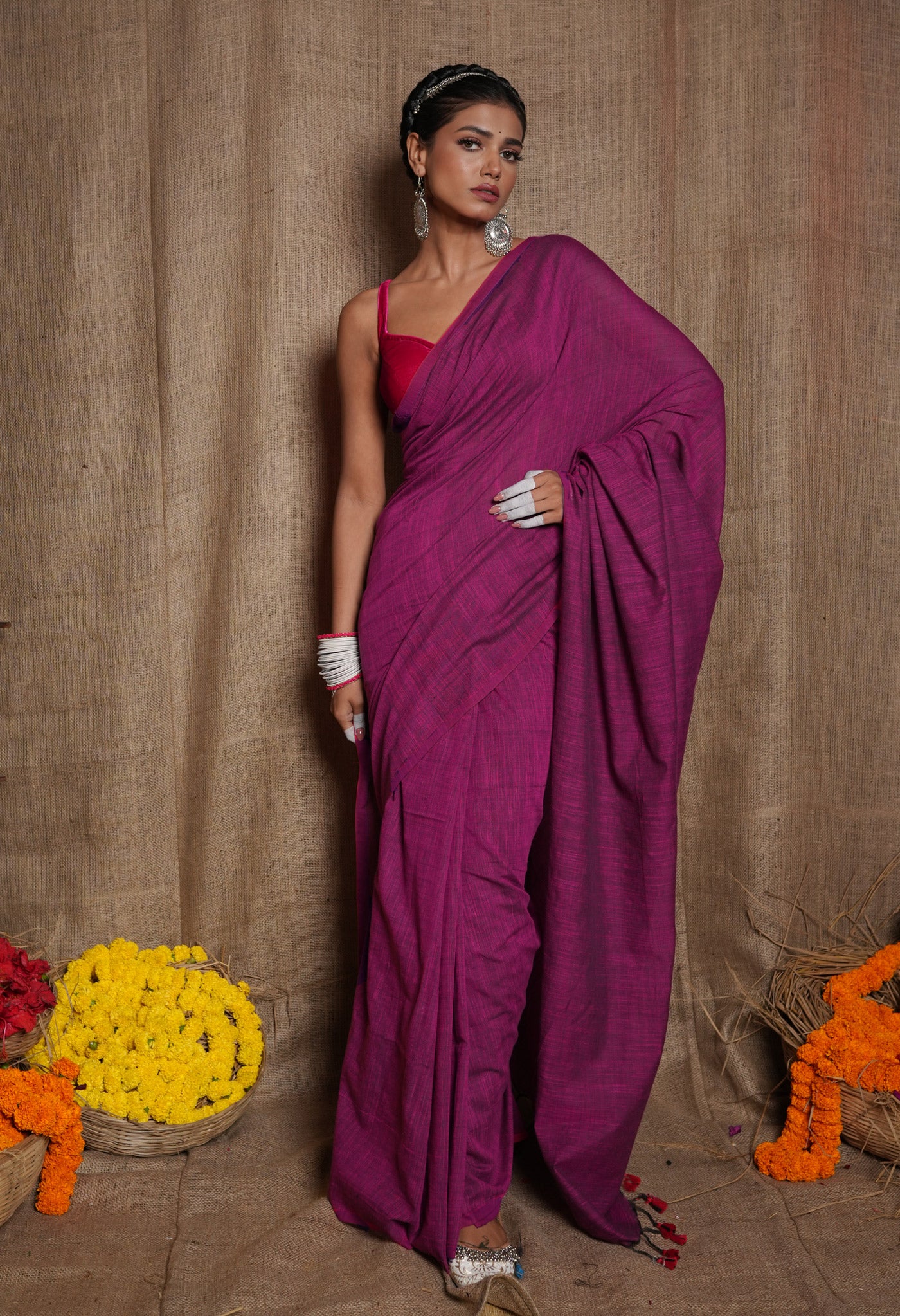 Pink Pure Plain Linen Saree With Tassels
