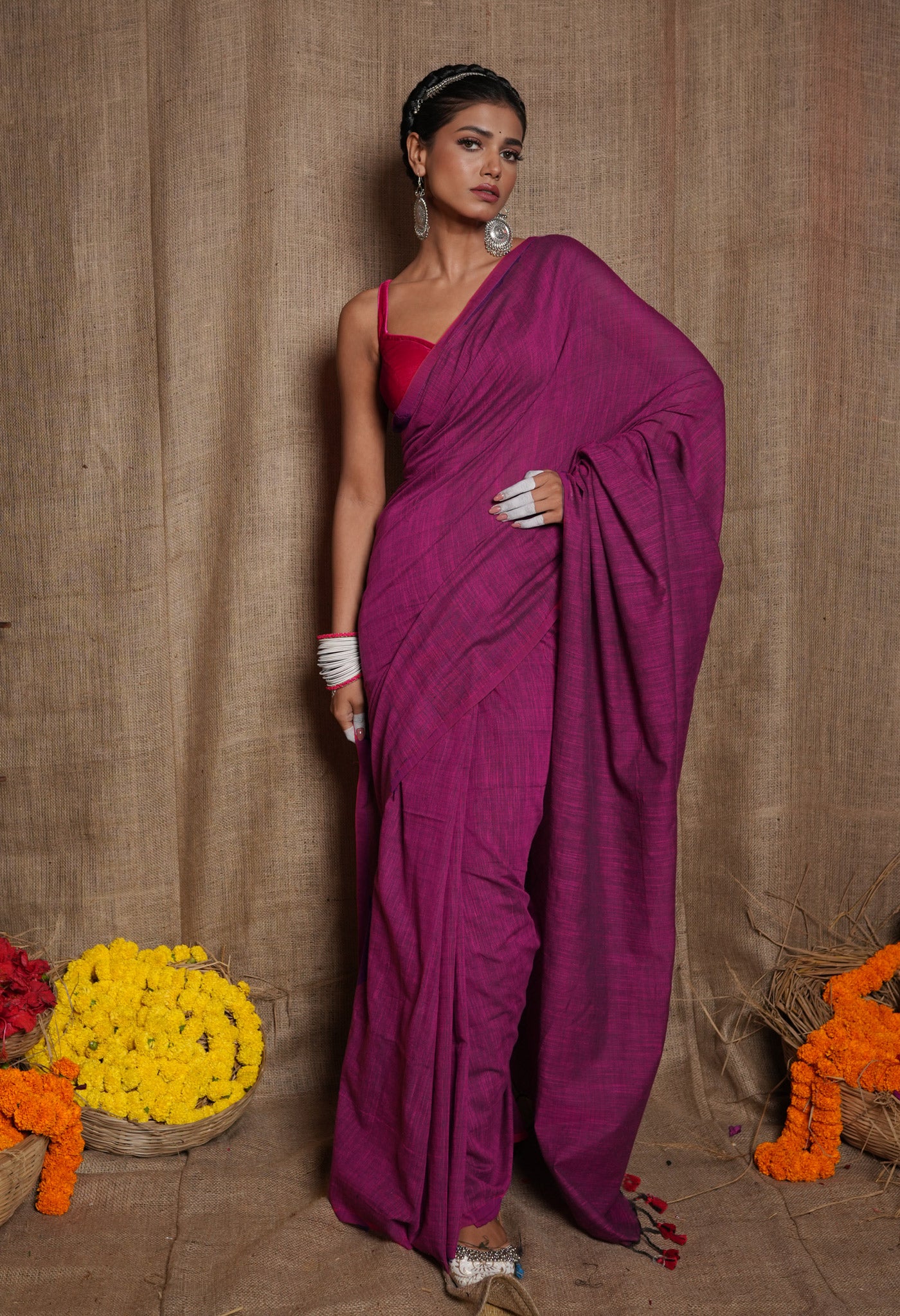 Pink Pure Plain Linen Saree With Tassels-UNM75267