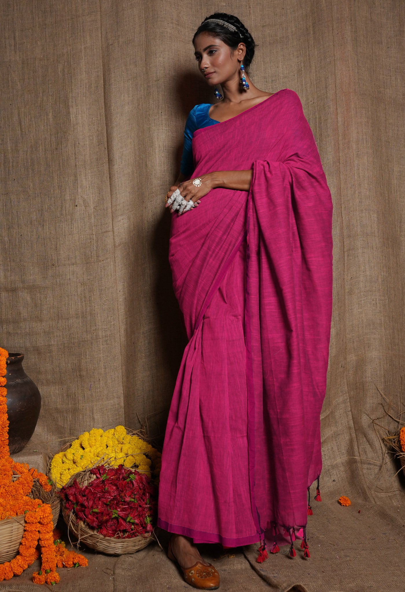 Pink Pure Cross Weave Plain Cotton Linen Saree With Tassels