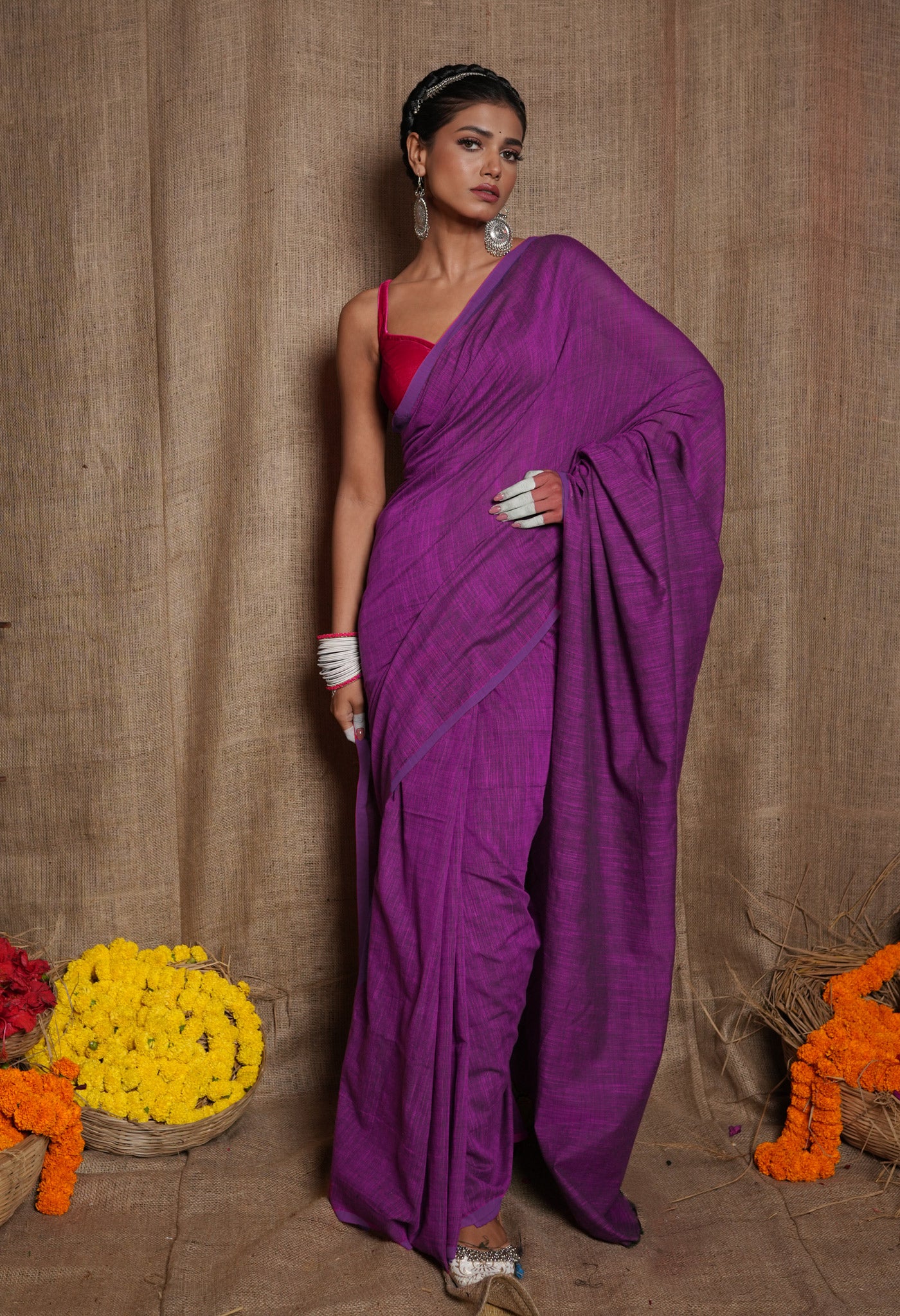 Blue-Pink Pure Cross Weave Plain Cotton Linen Saree With Tassels