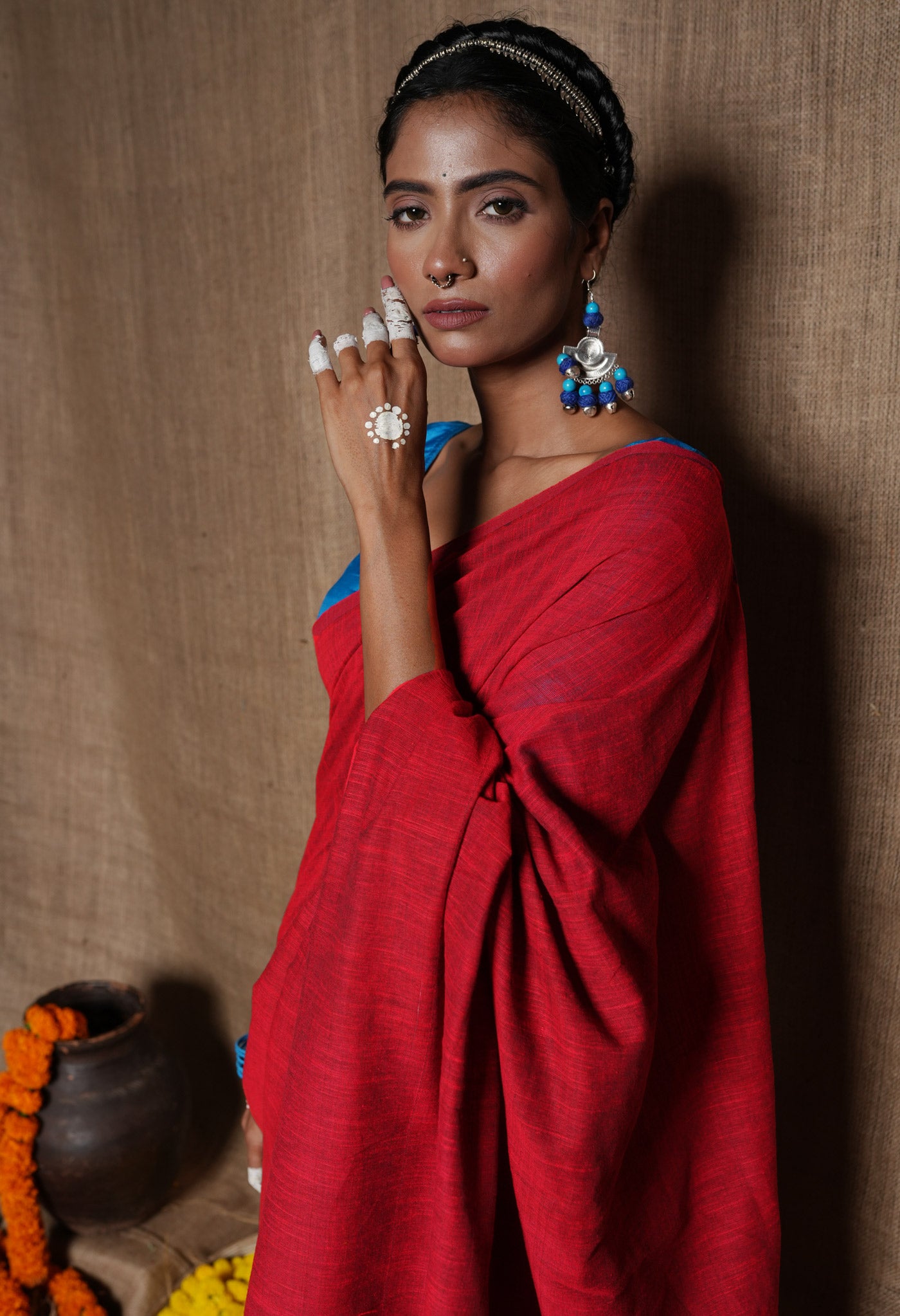 Red Pure Plain Linen Saree With Tassels