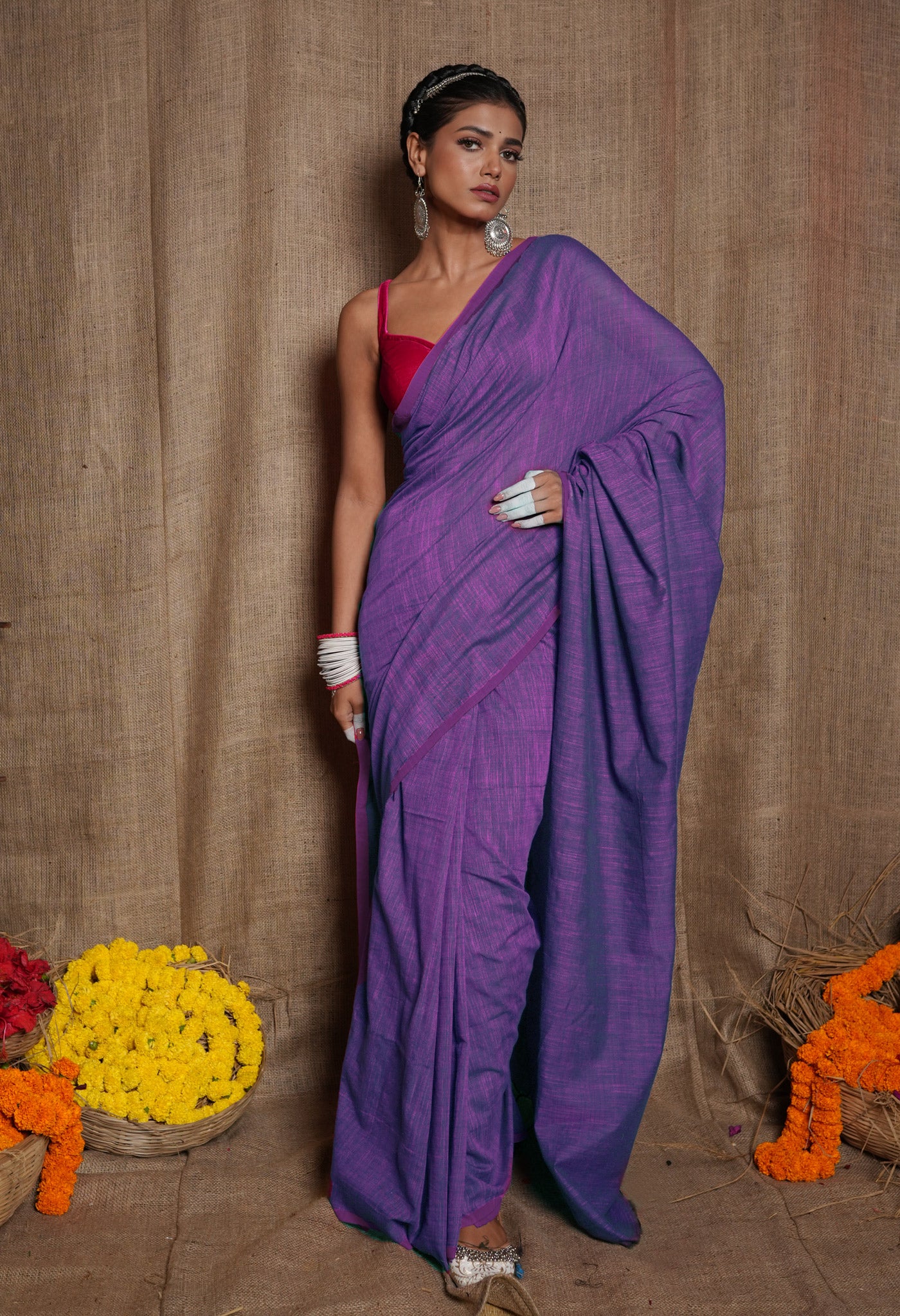 Blue-Pink Pure Cross Weave Plain Cotton Linen Saree With Tassels