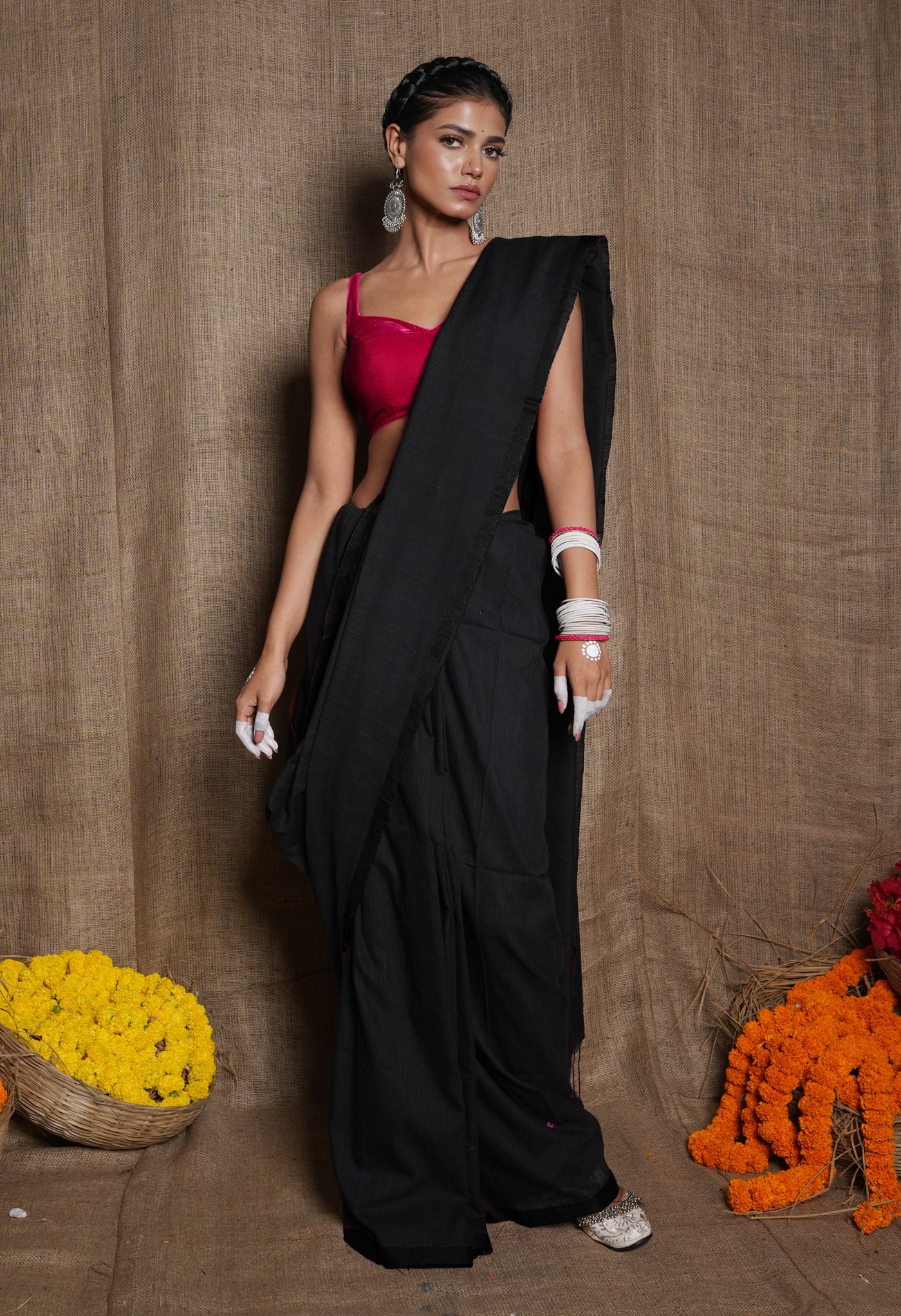 Black Pure Cross Weave Plain Cotton Linen Saree With Tassels