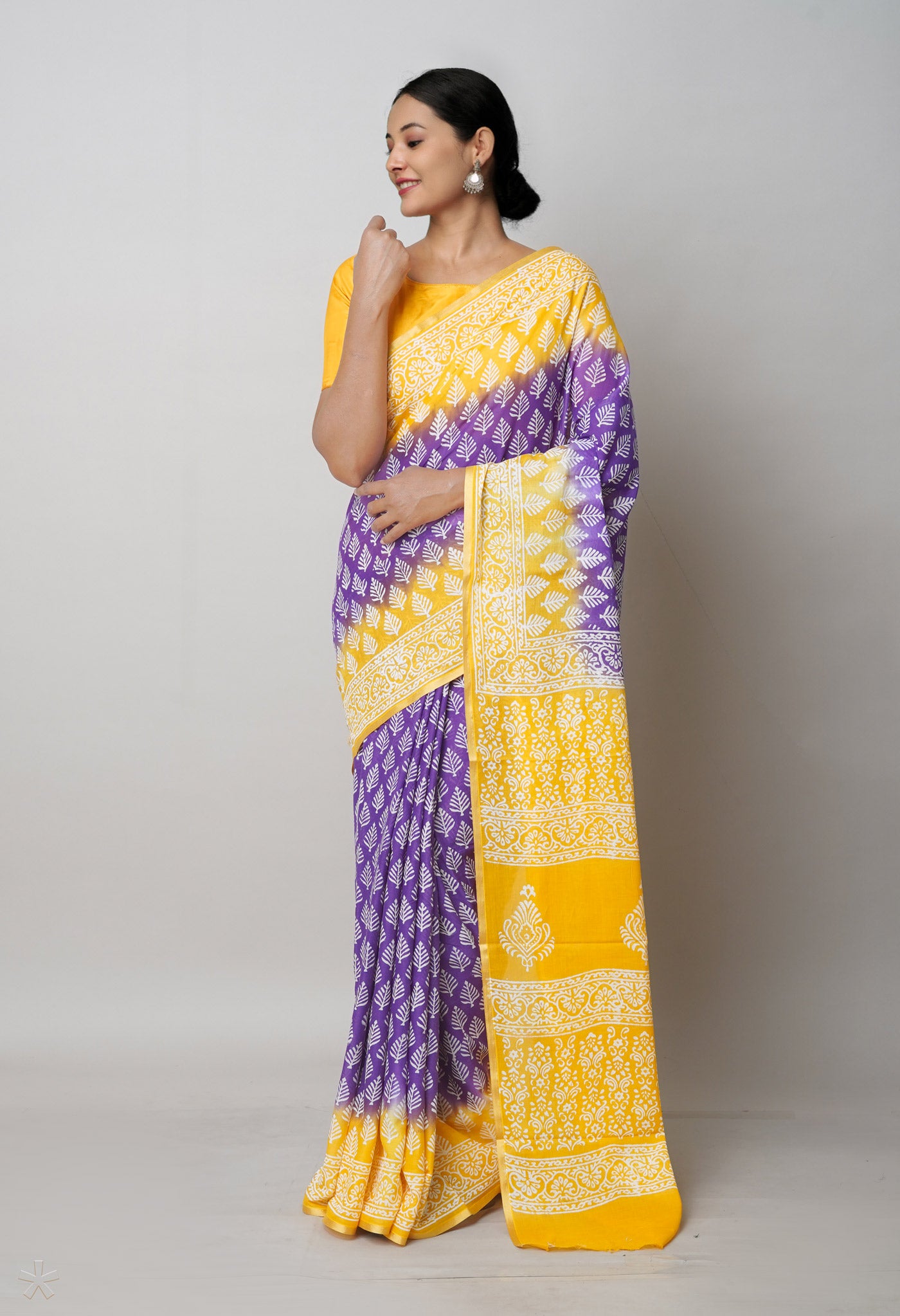 Violet Pure Hand Block Printed Soft Cotton Saree