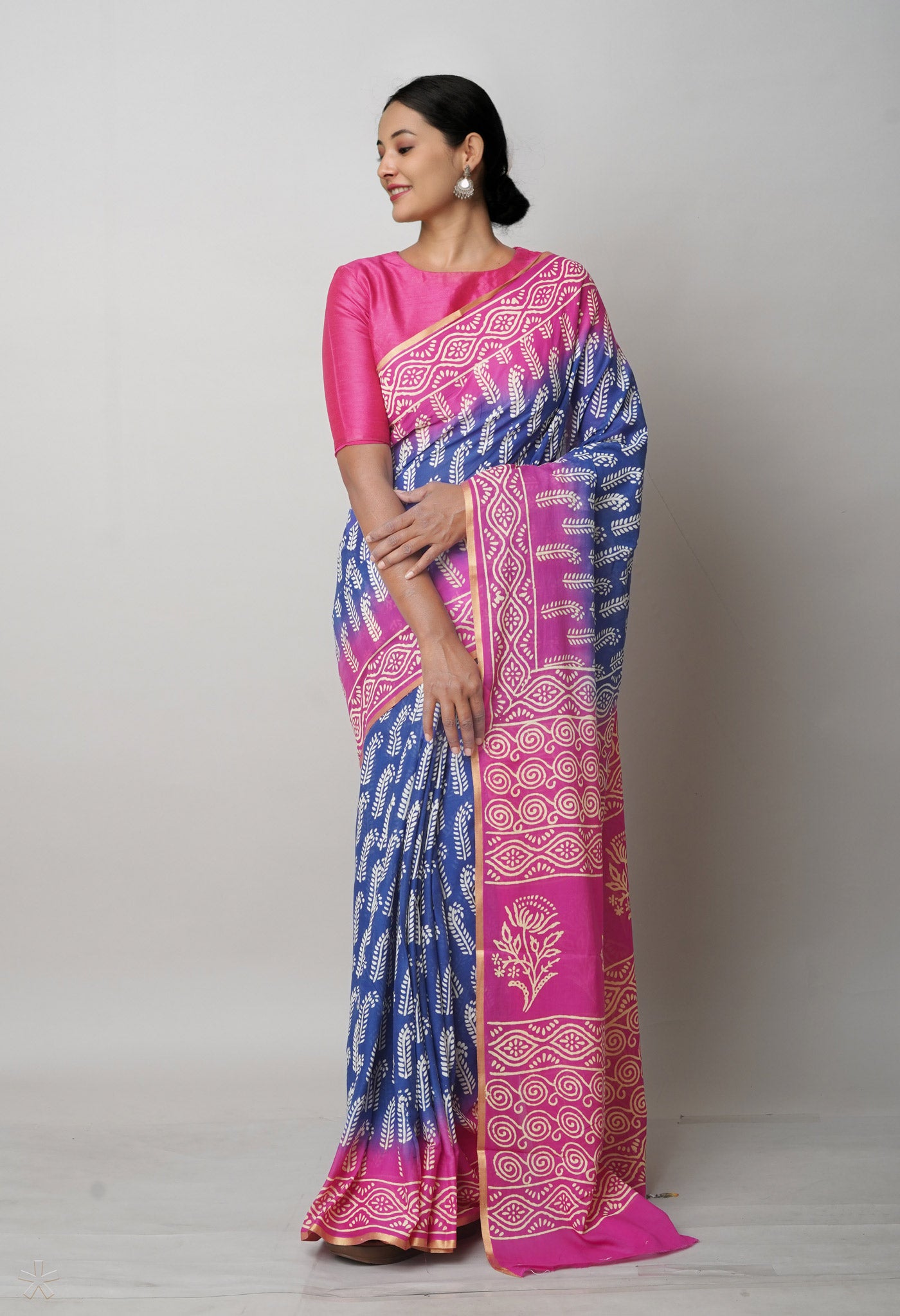 Blue-Pink Pure Contrast Dye Discharge Hand Block Printed Superfine Mulmul Cotton Saree