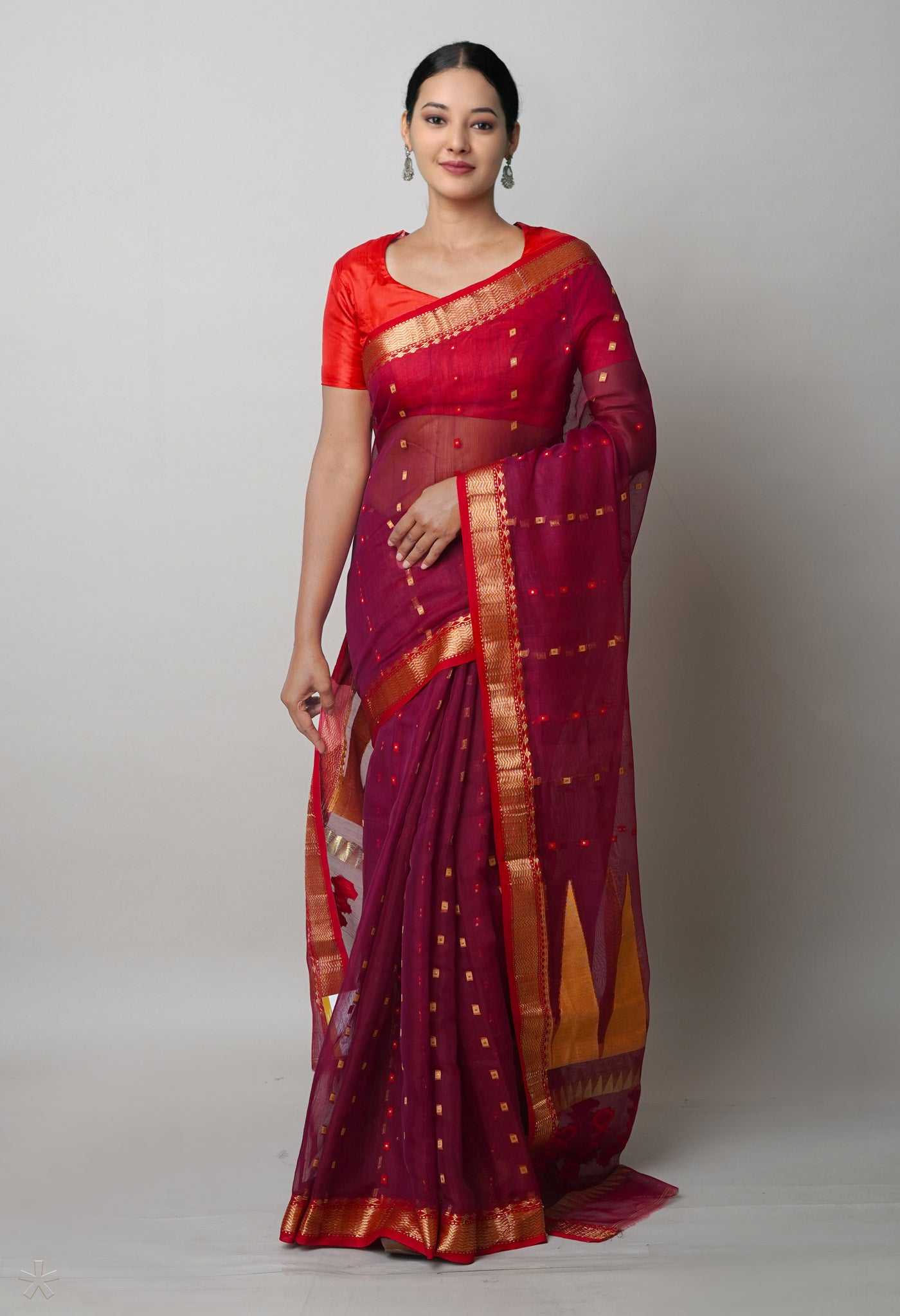 Maroon Pure Handloom Dhakai Jamdhani Cotton Silk Saree
