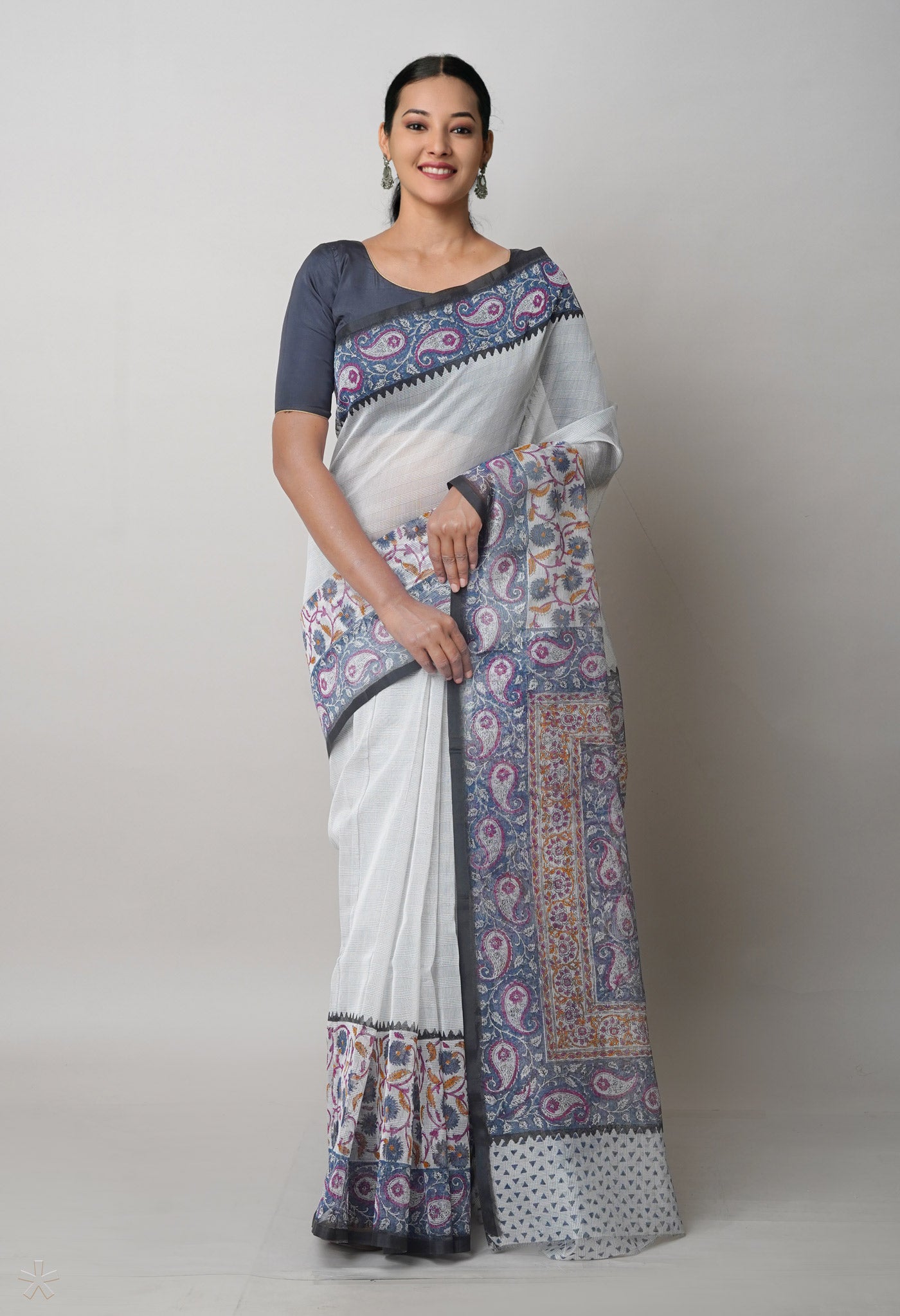 Pale Grey Block Printed Meghalaya Supernet Saree-UNM75309