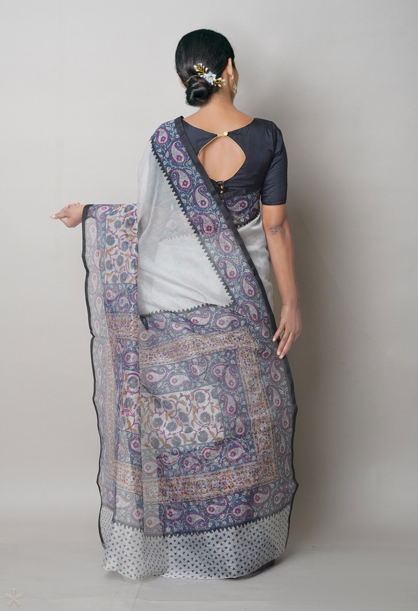 Pale Grey Block Printed Meghalaya Supernet Saree-UNM75309