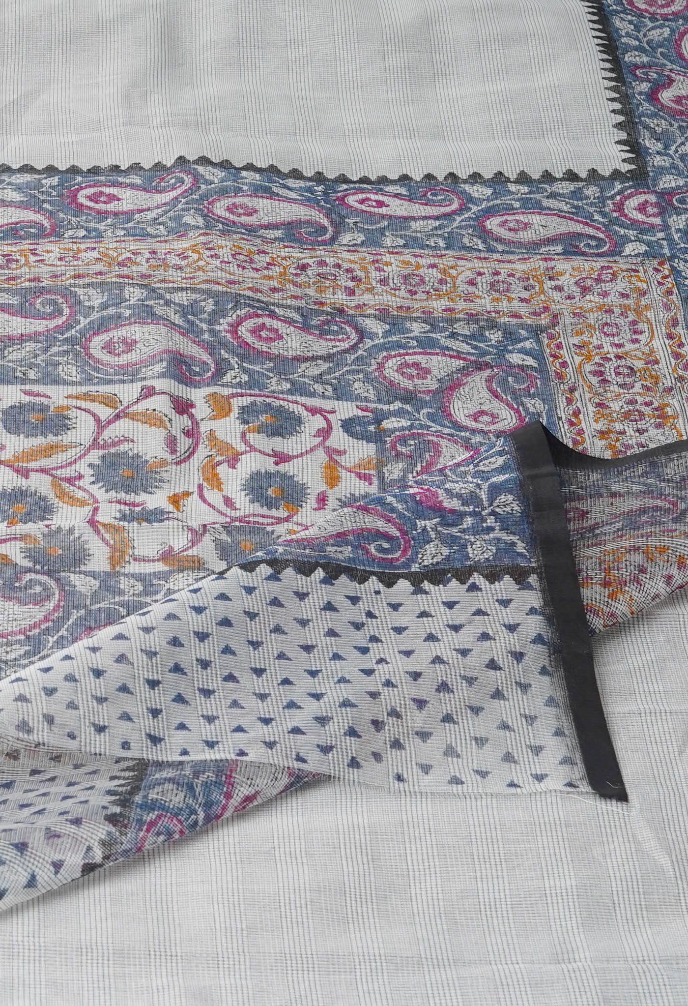 Pale Grey Block Printed Meghalaya Supernet Saree-UNM75309