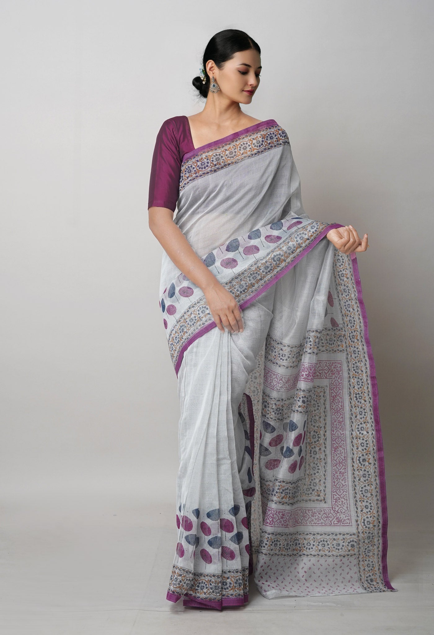 Grey Block Printed Meghalaya Supernet Saree-UNM75316