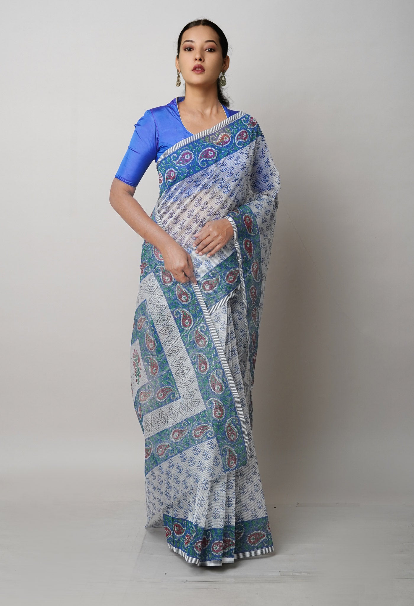 Grey Block Printed Meghalaya Supernet Saree-UNM75319