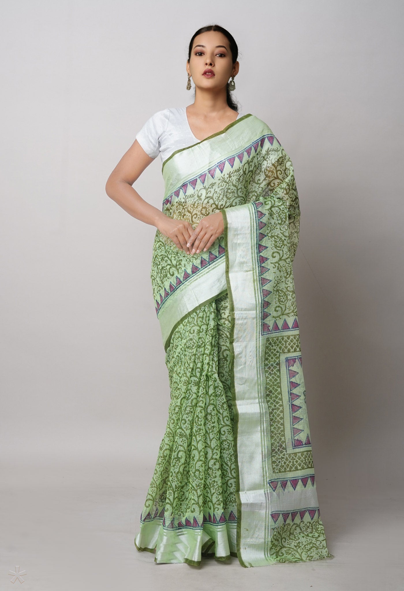 Green Pure Block Printed Kota Cotton Saree-UNM75326