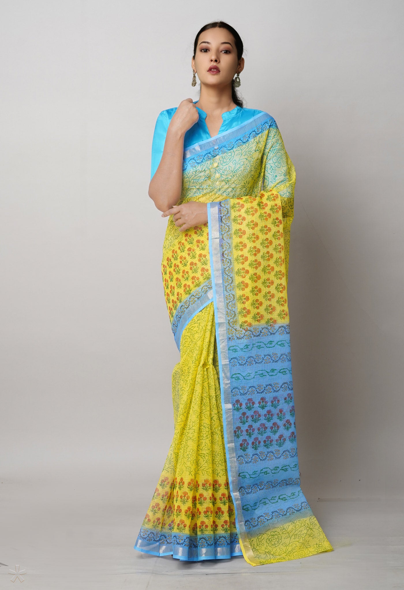 Yellow Pure Block Printed Kota Cotton Saree-UNM75335