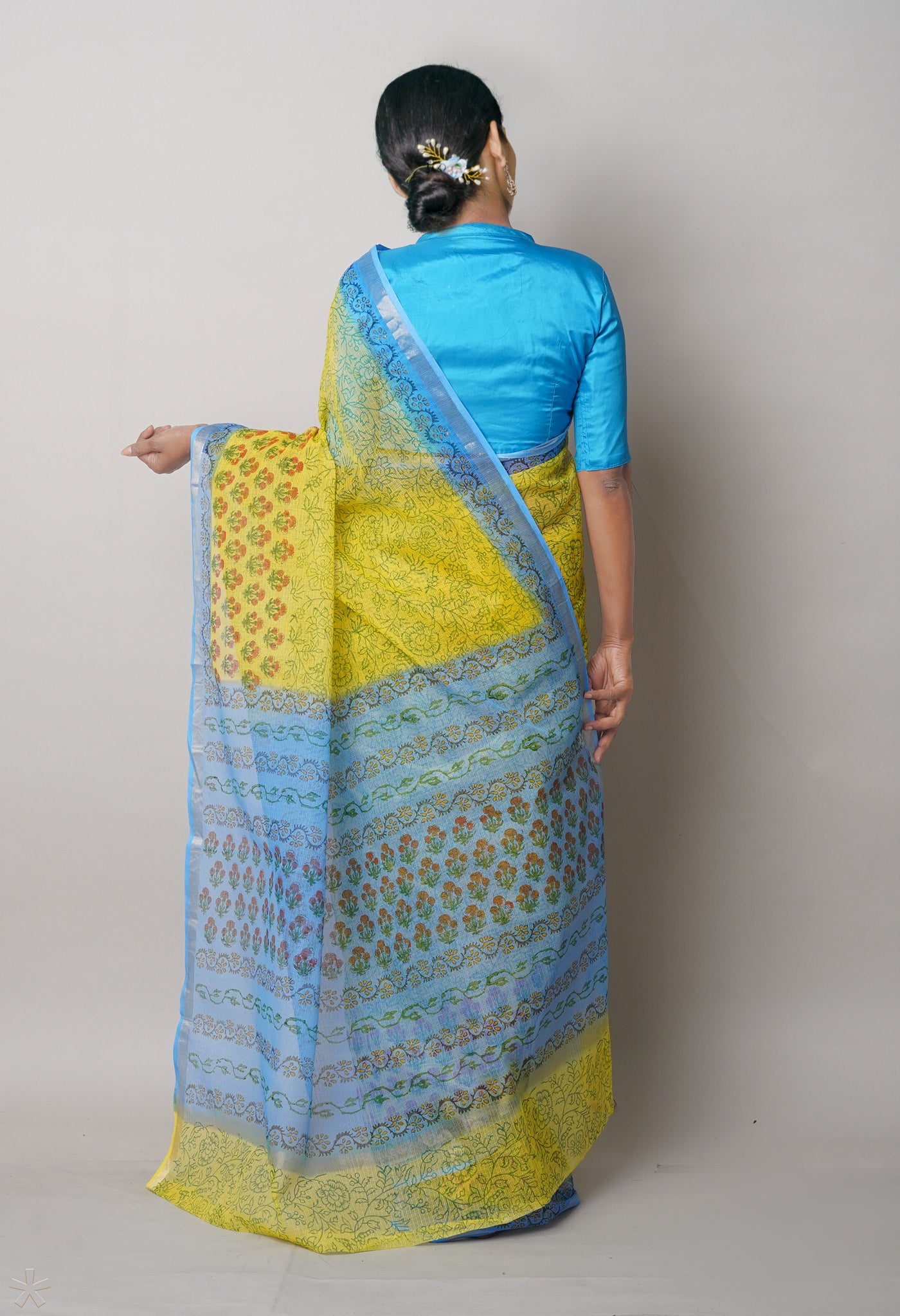 Yellow Pure Block Printed Kota Cotton Saree-UNM75335