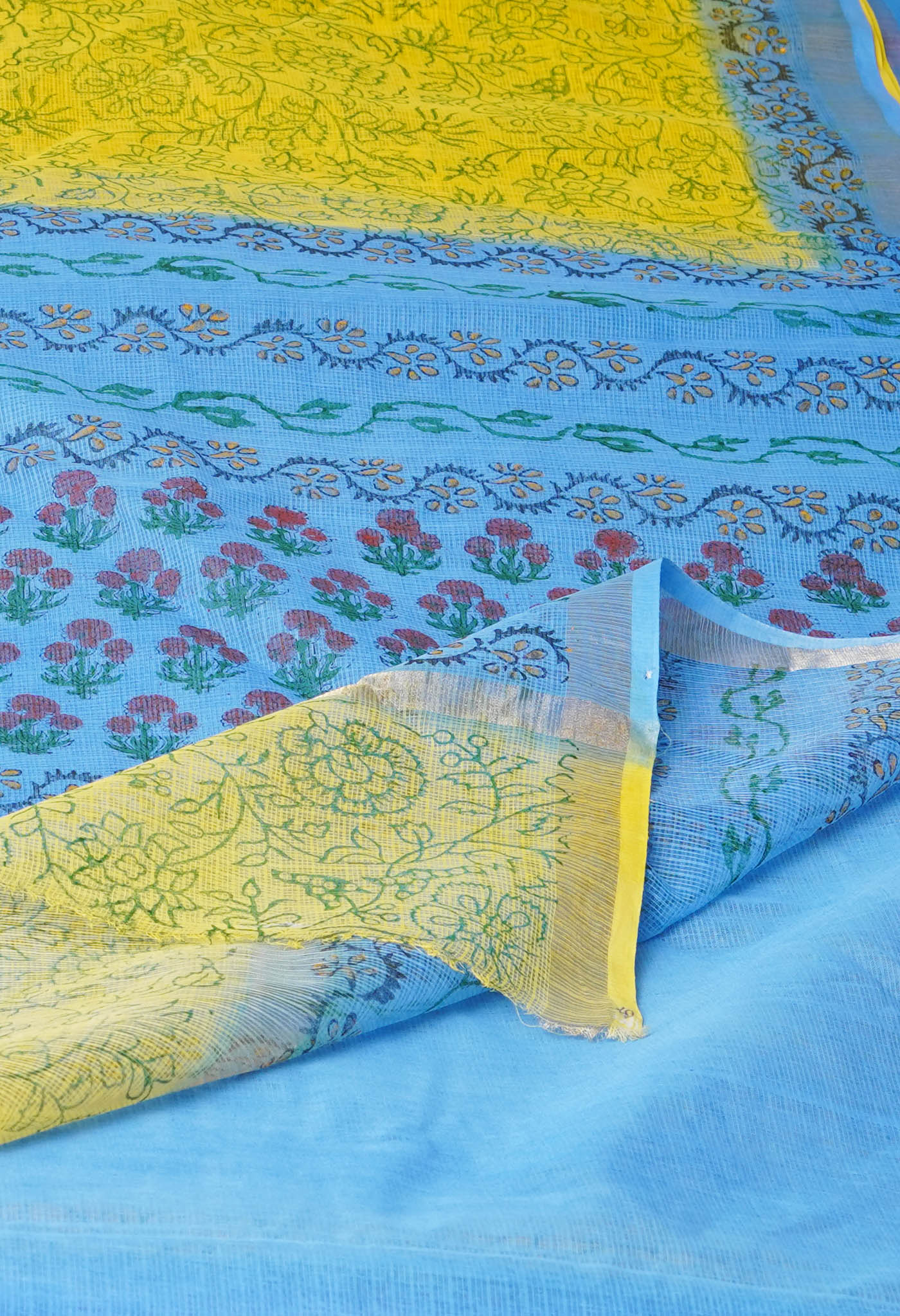 Yellow Pure Block Printed Kota Cotton Saree-UNM75335