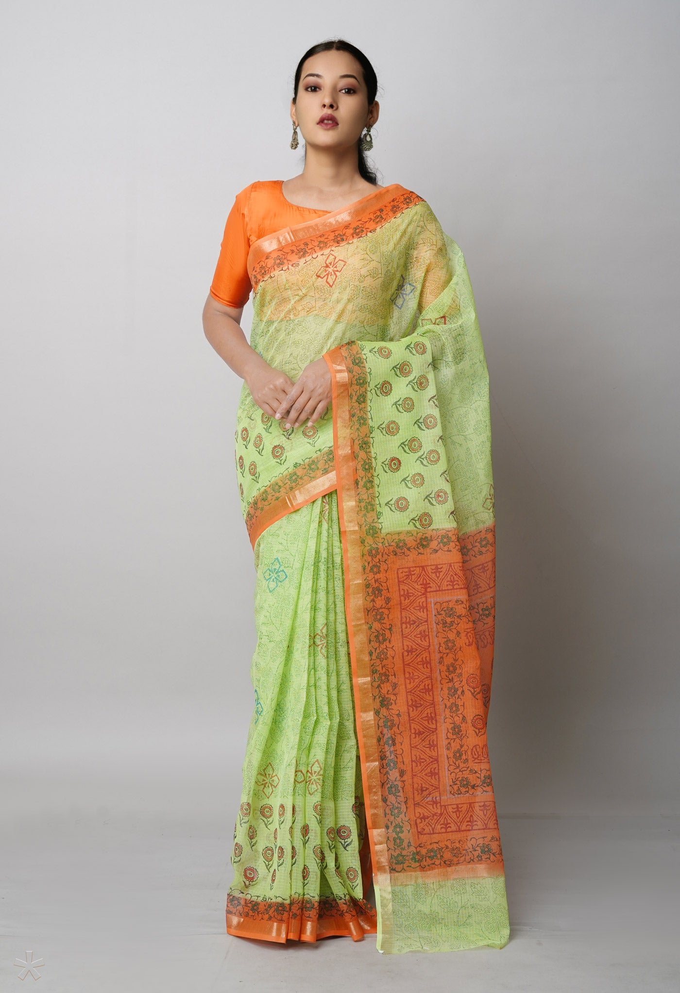 Parrot Green Pure Block Printed Kota Cotton Saree-UNM75339