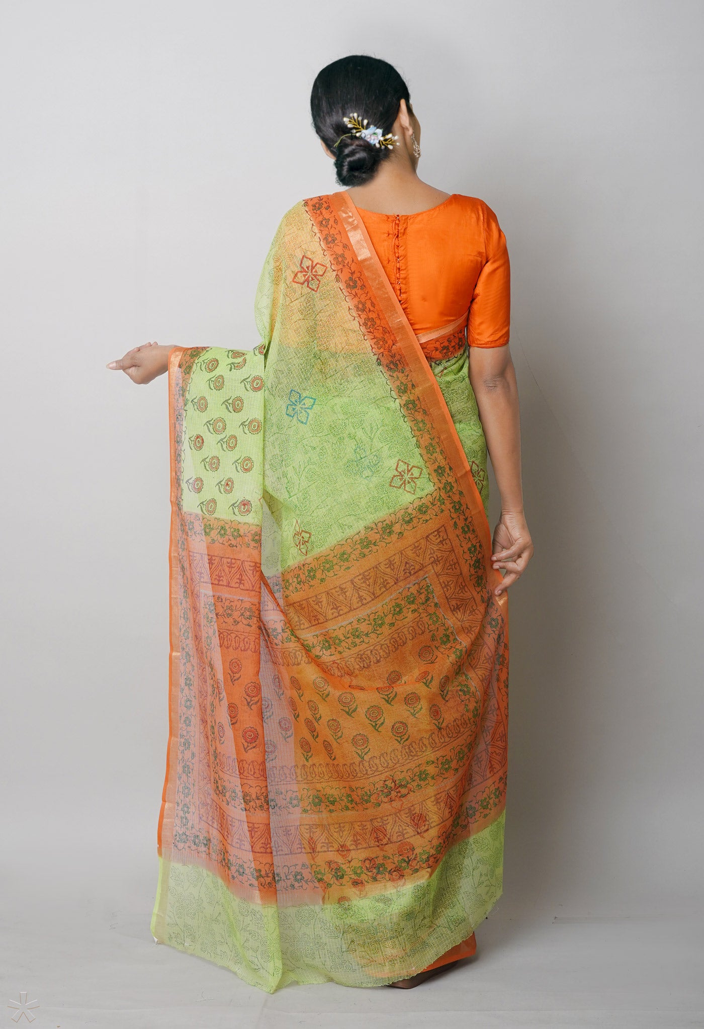 Parrot Green Pure Block Printed Kota Cotton Saree-UNM75339