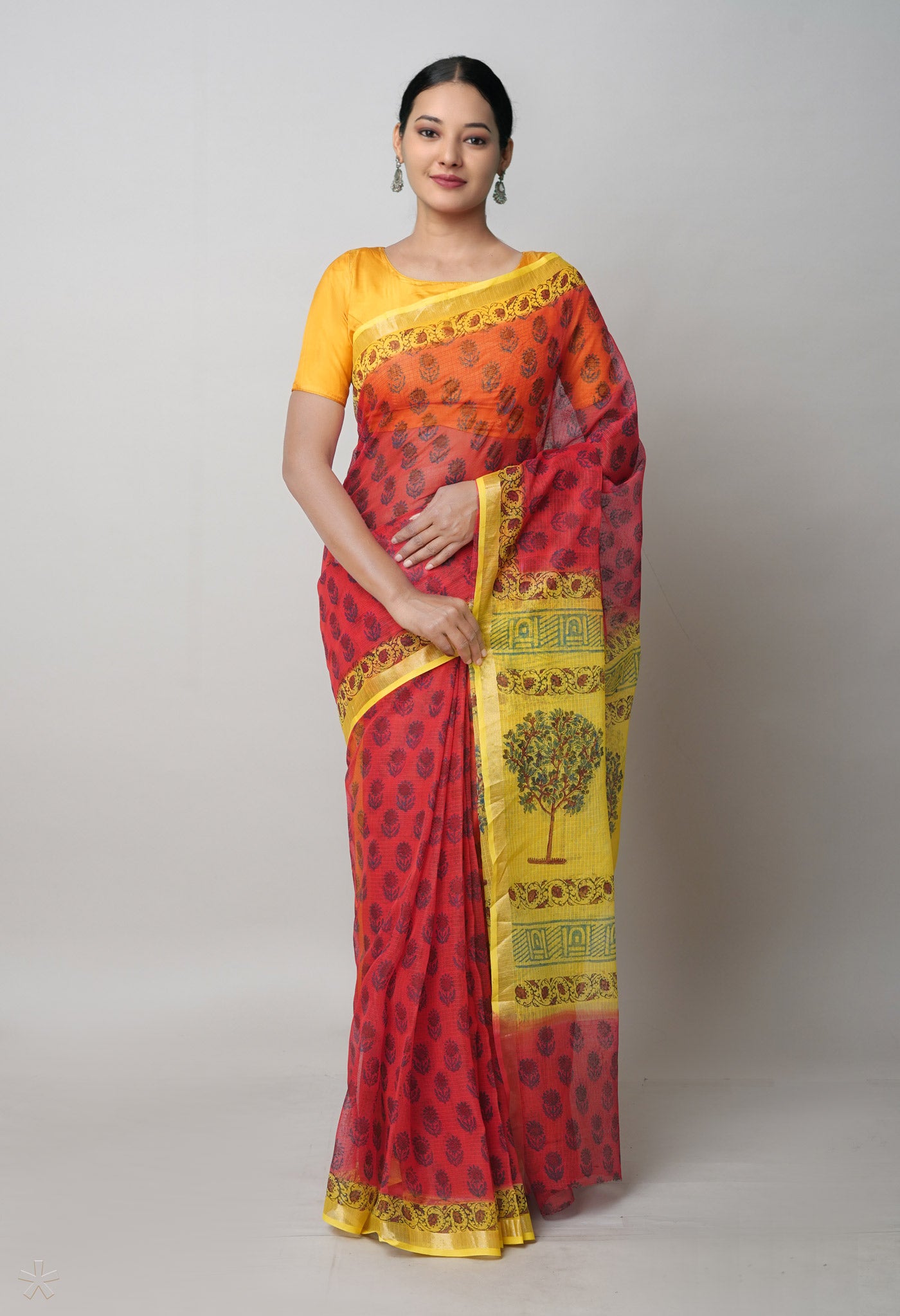 Red Pure Block Printed Kota Cotton Saree-UNM75341