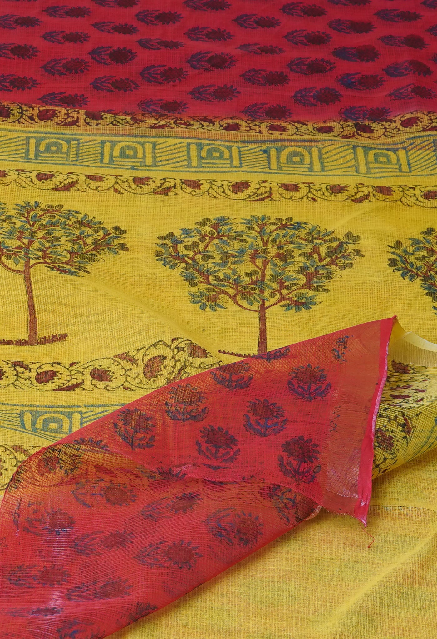 Red Pure Block Printed Kota Cotton Saree-UNM75341
