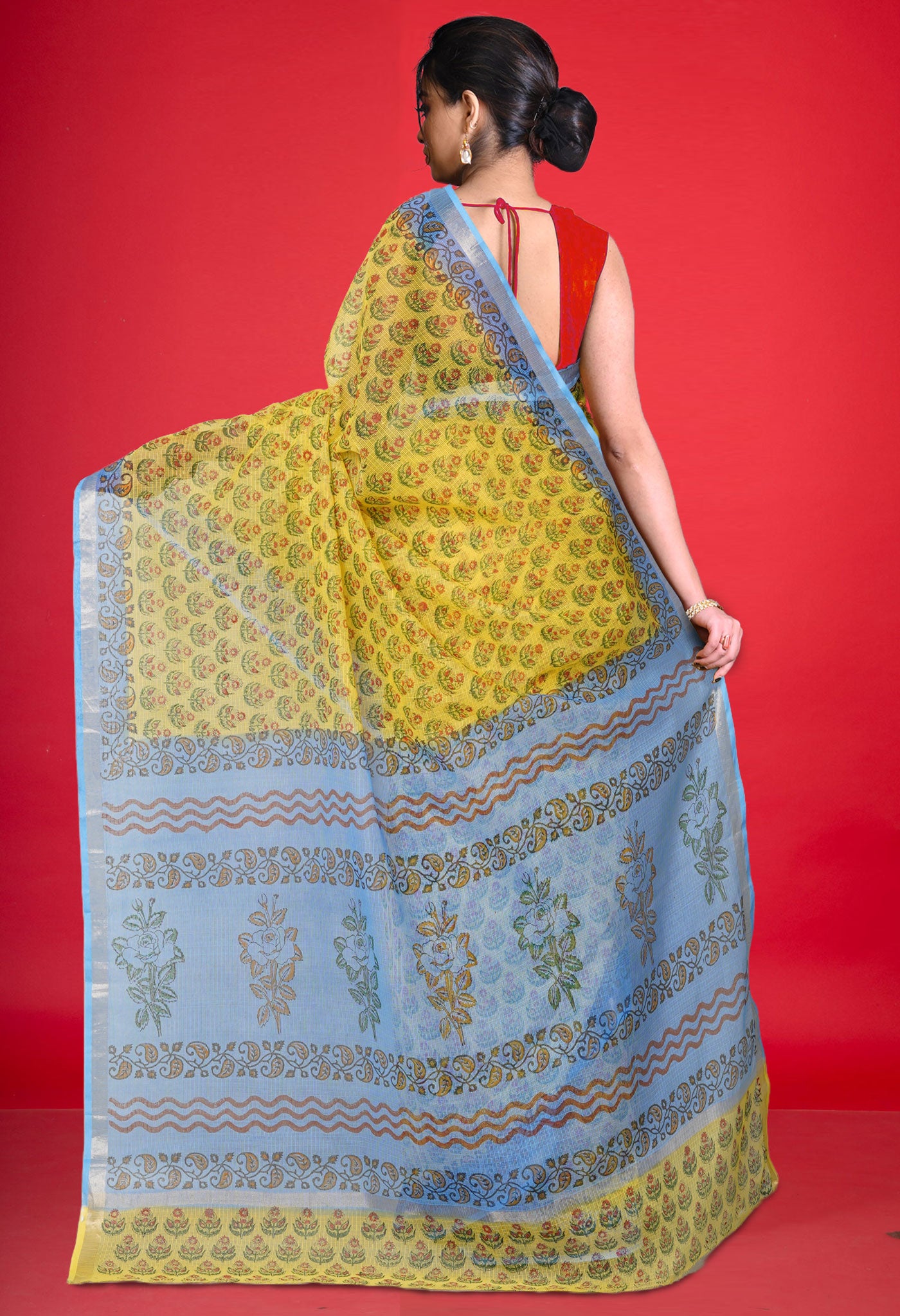 Yellow Pure Block Printed Kota Cotton Saree-UNM75345
